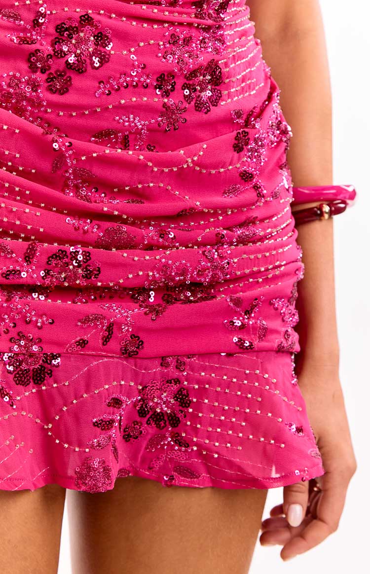 Denver Hot Pink Strapless Beaded Party Mini Dress - luluinthesky