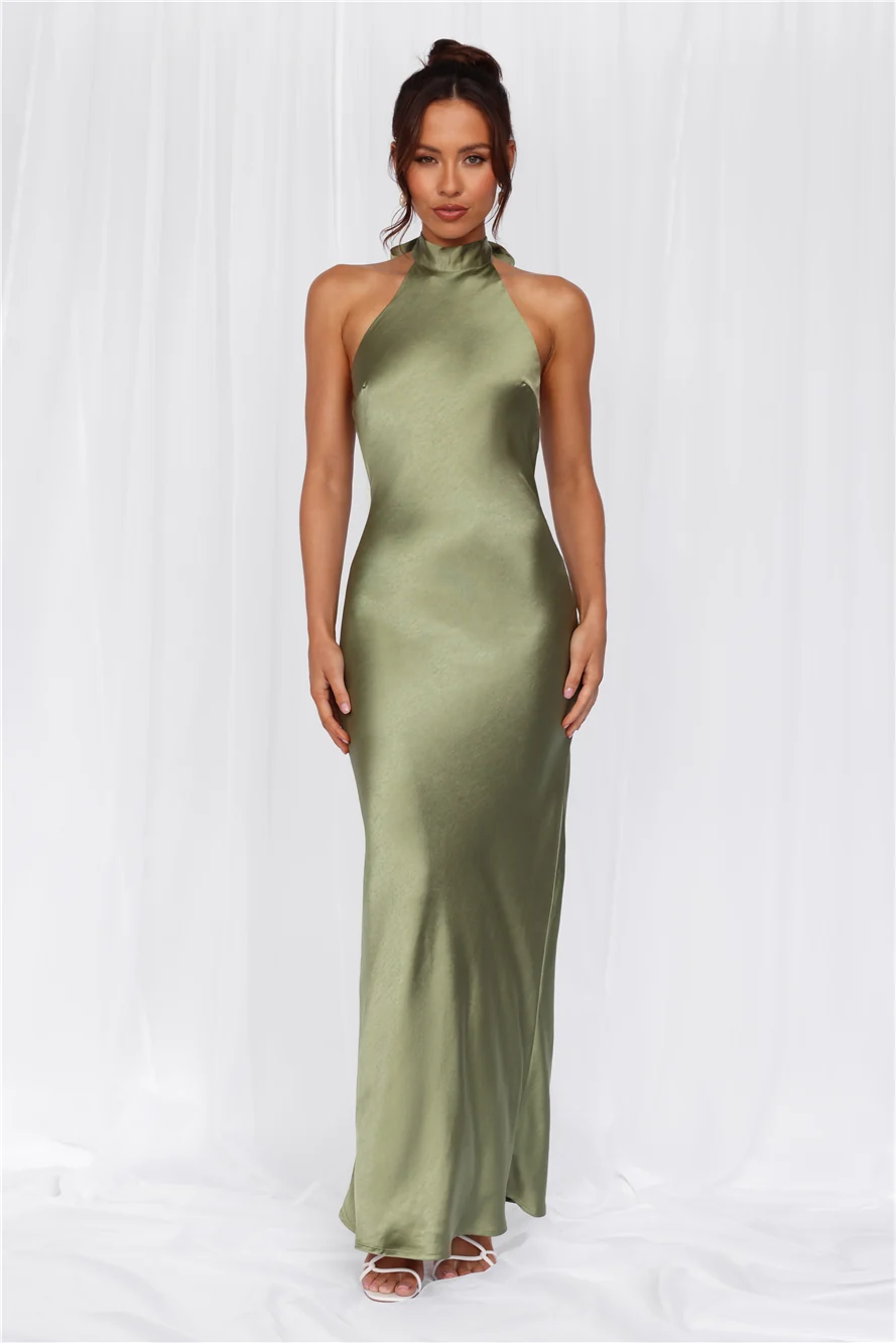 The Cleo Halter Satin Maxi Dress Olive