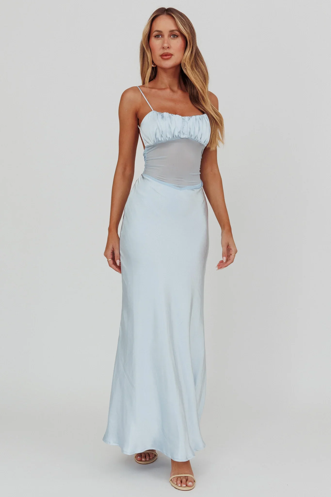 Nerida Sheer Waist Back Twist Maxi Dress Blue