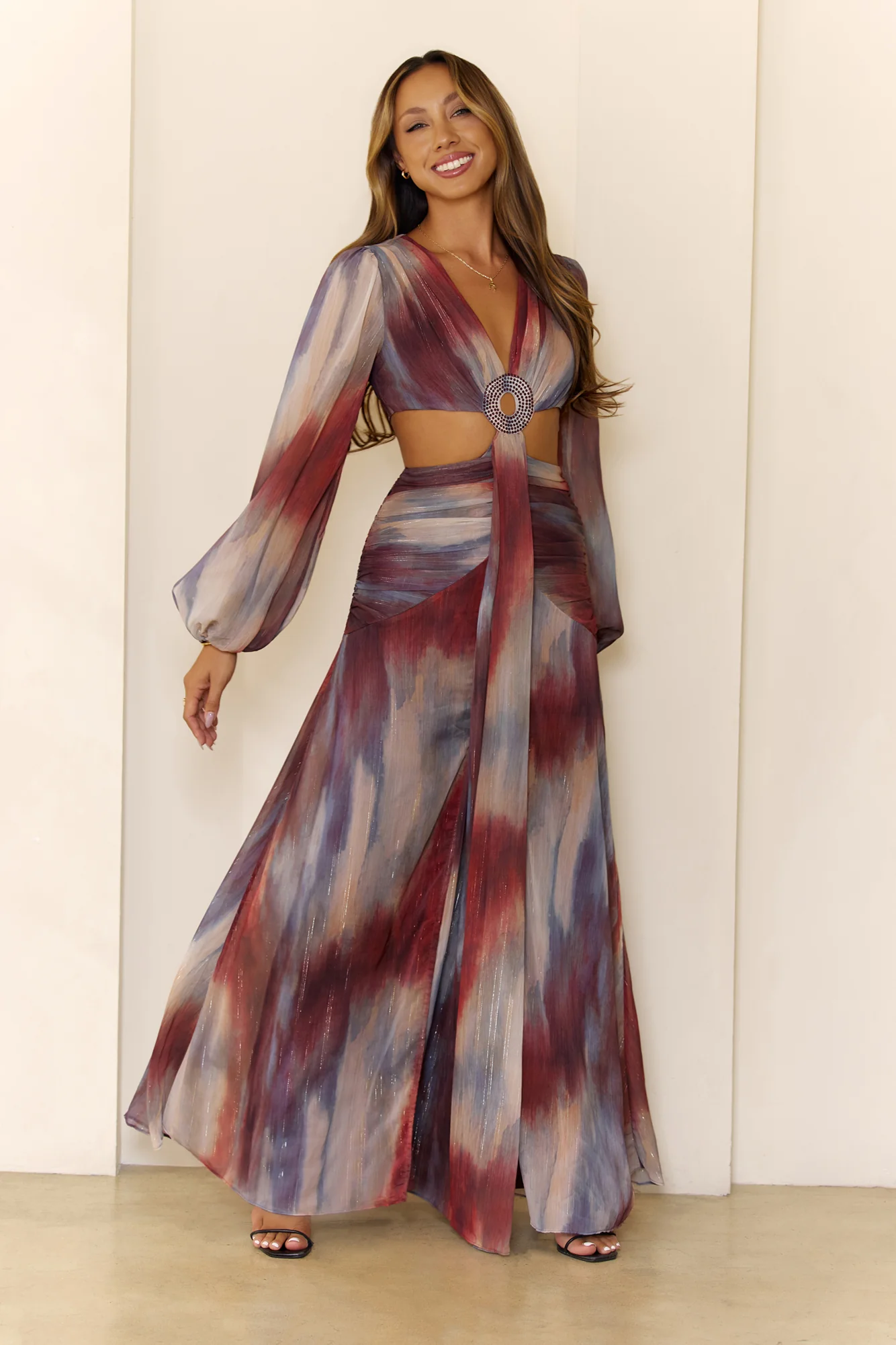 Shimmering Horizon Cutout Long Sleeve Maxi Dress Multi