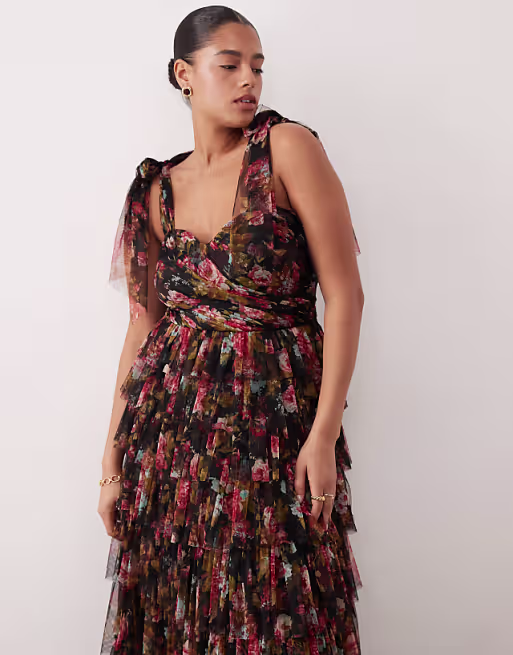 Lace & Beads Plus Bridesmaid Ophelia bow shoulders tulle maxi dress in black floral print