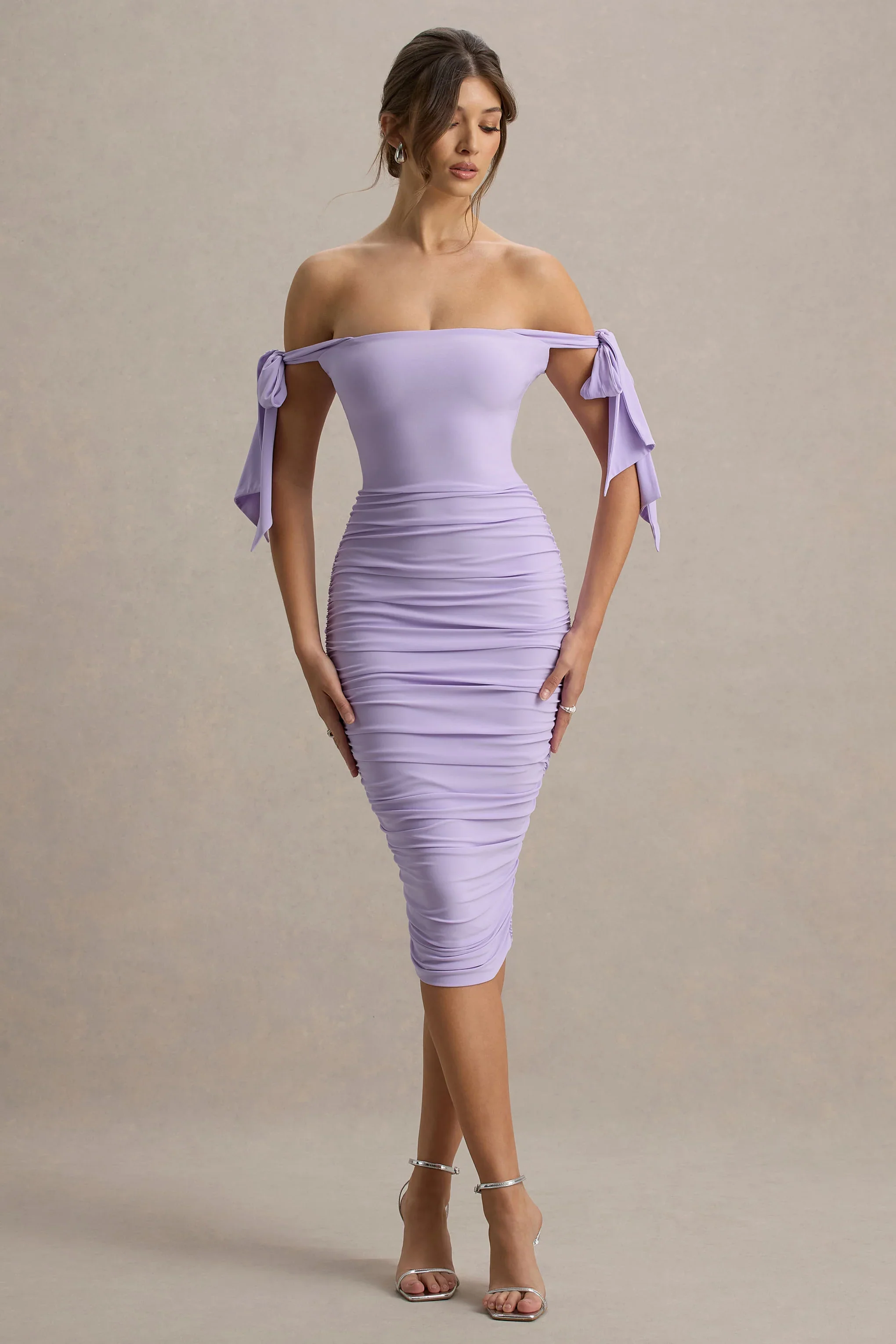 Citrus | Lilac Bardot Bodycon Midi Dress With Bow Sleeves