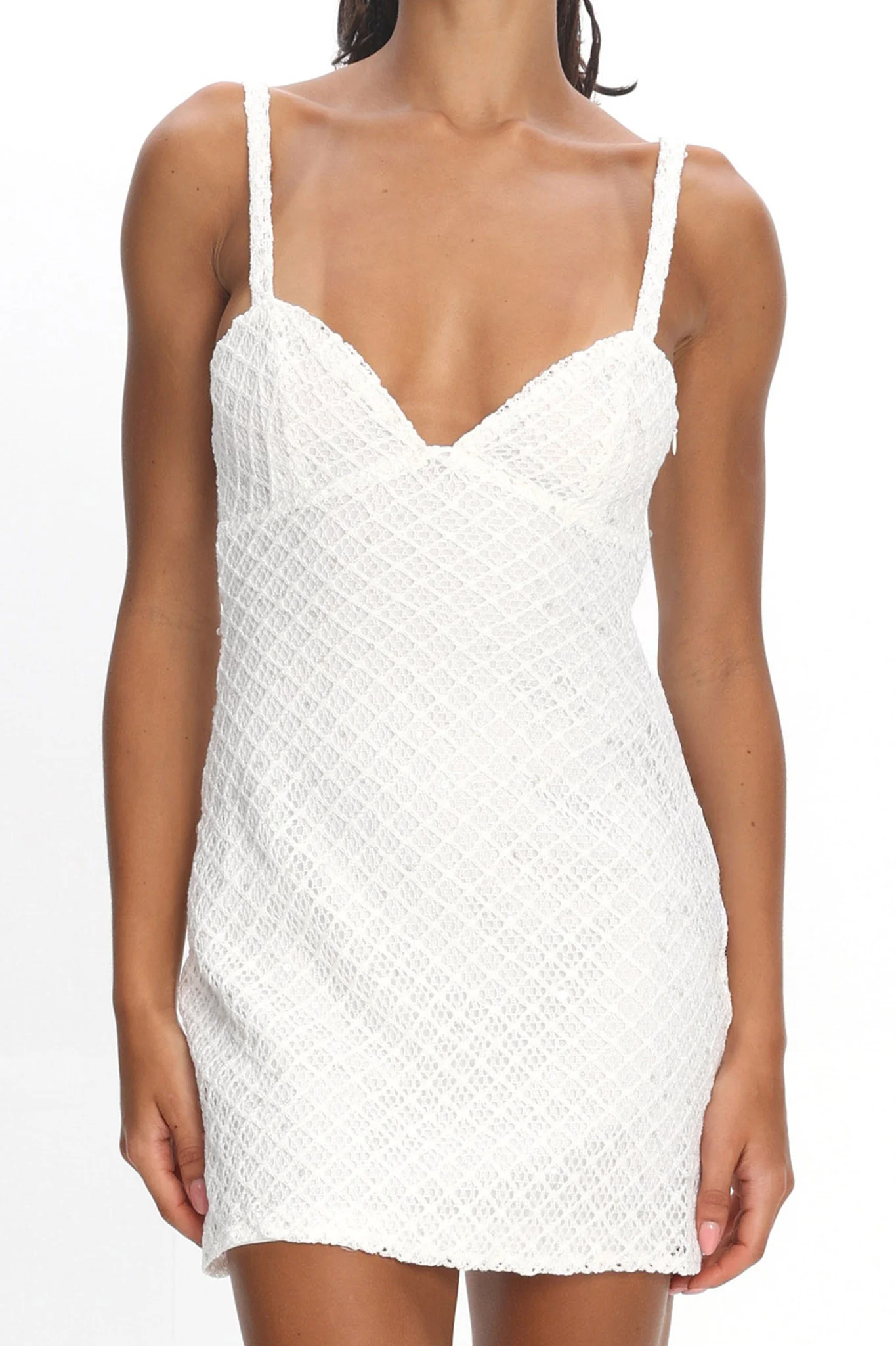 Honduras Crochet Knit Mini Dress Sequin Off White - luluinthesky