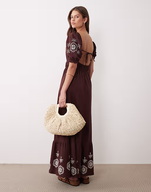 Miss Selfridge puff sleeve maxi dress with embroidery