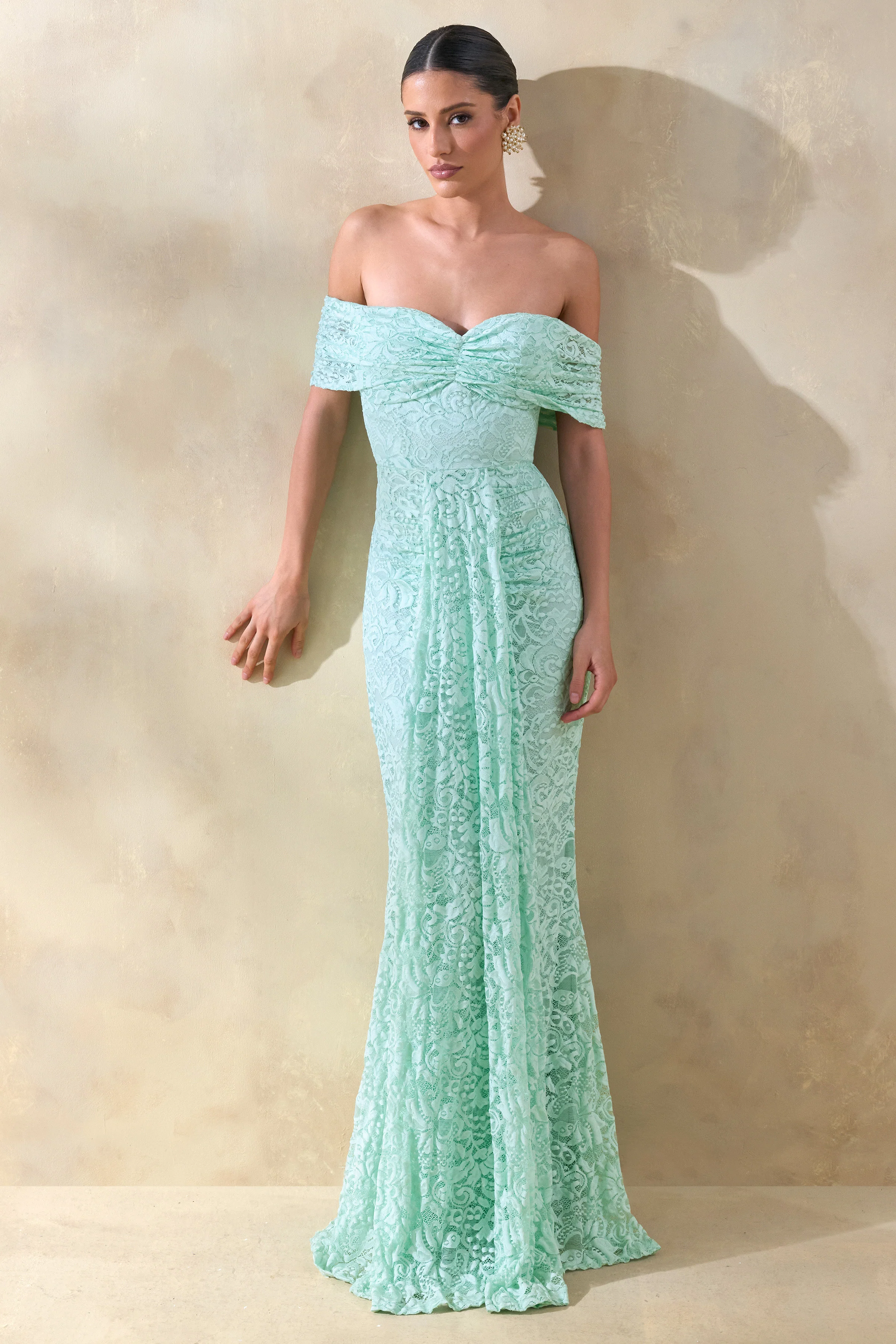 Aries | Mint Lace Bardot-Neck Maxi Dress With Gathered Detailing