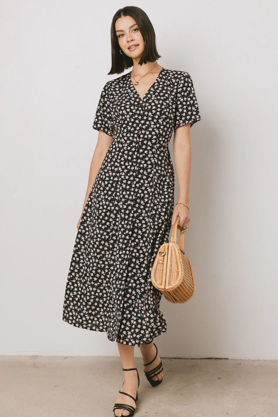 Malik Floral Midi Dress in Black