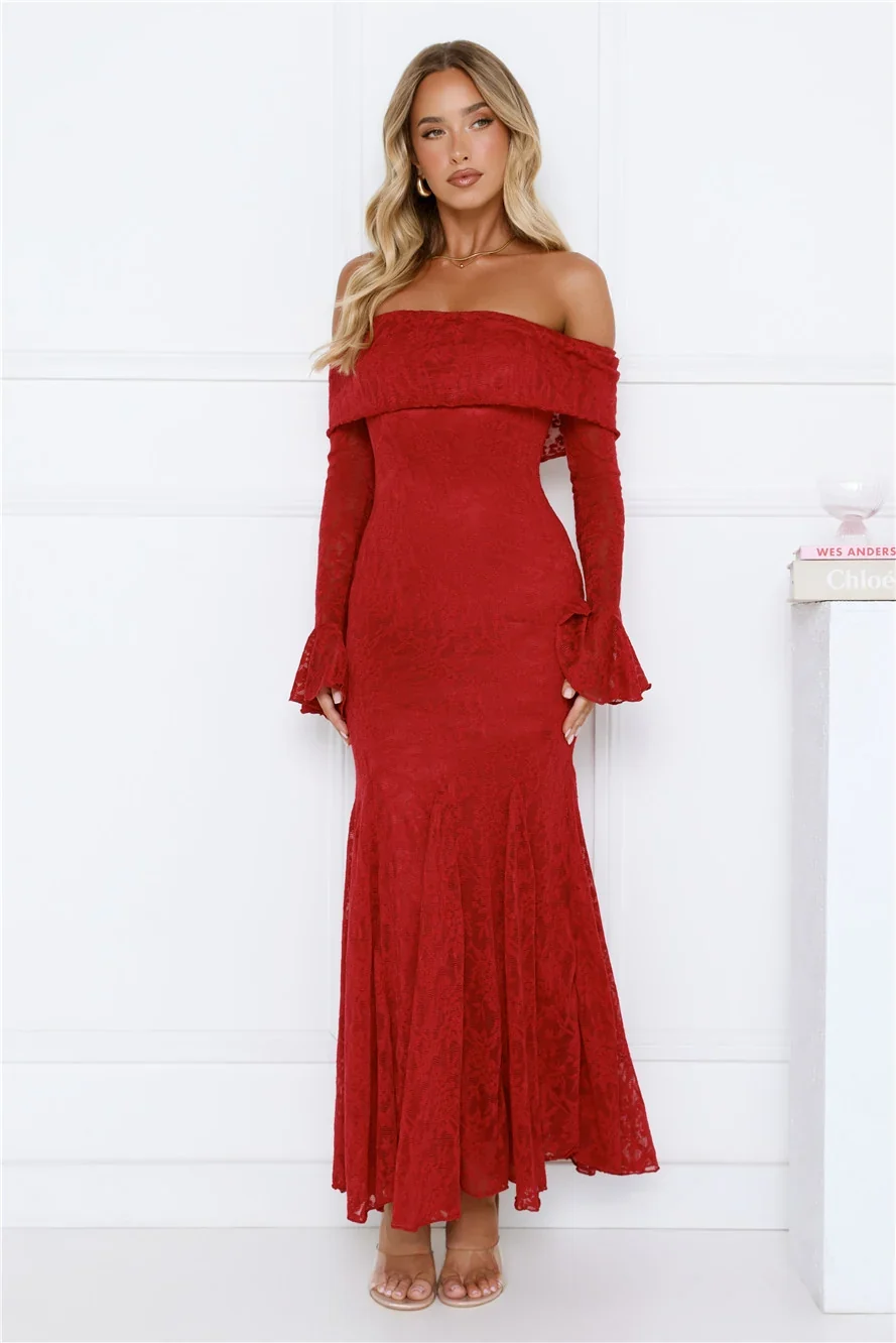 Supreme Off Shoulder Mesh Maxi Dress Red