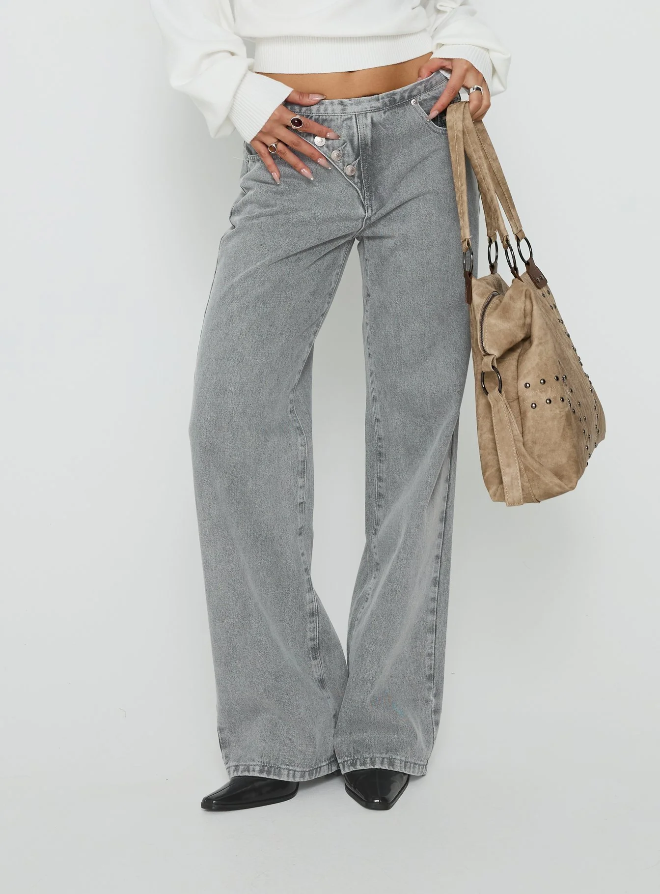 Pipper Asymmetrical Button Up Jeans Grey Wash