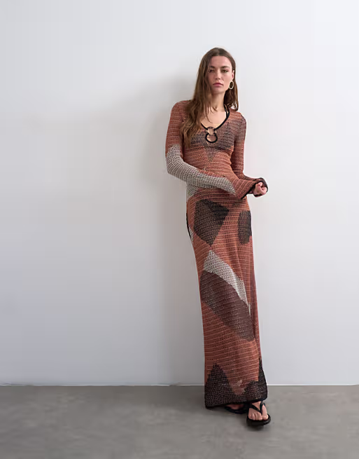 Topshop knit abstract mesh long sleeve maxi dress in burnt orange