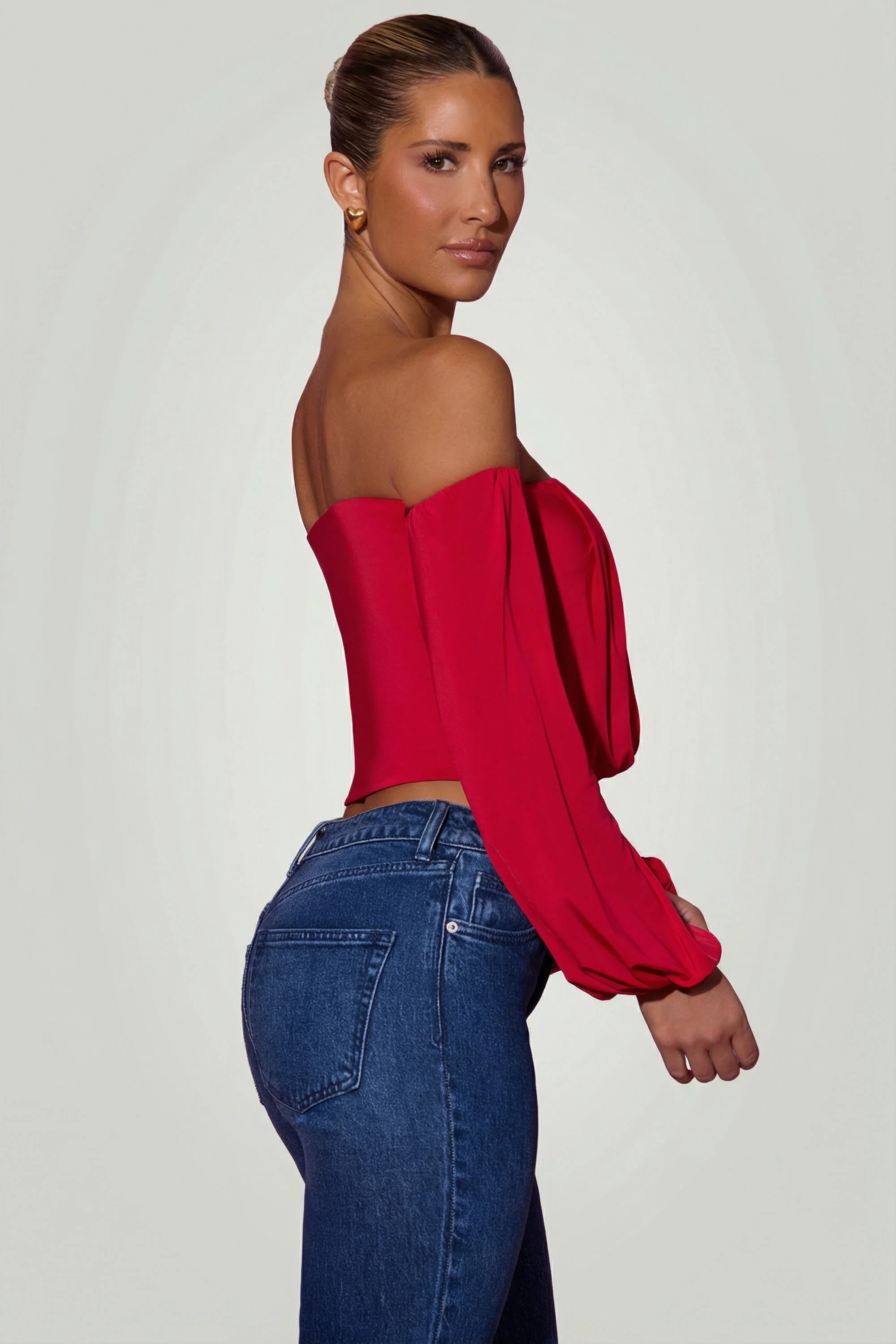 Off-Shoulder Draped Balloon-Sleeve Top in Red