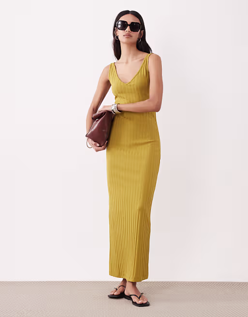 wide rib sleeveless V neck midi dress in mustard