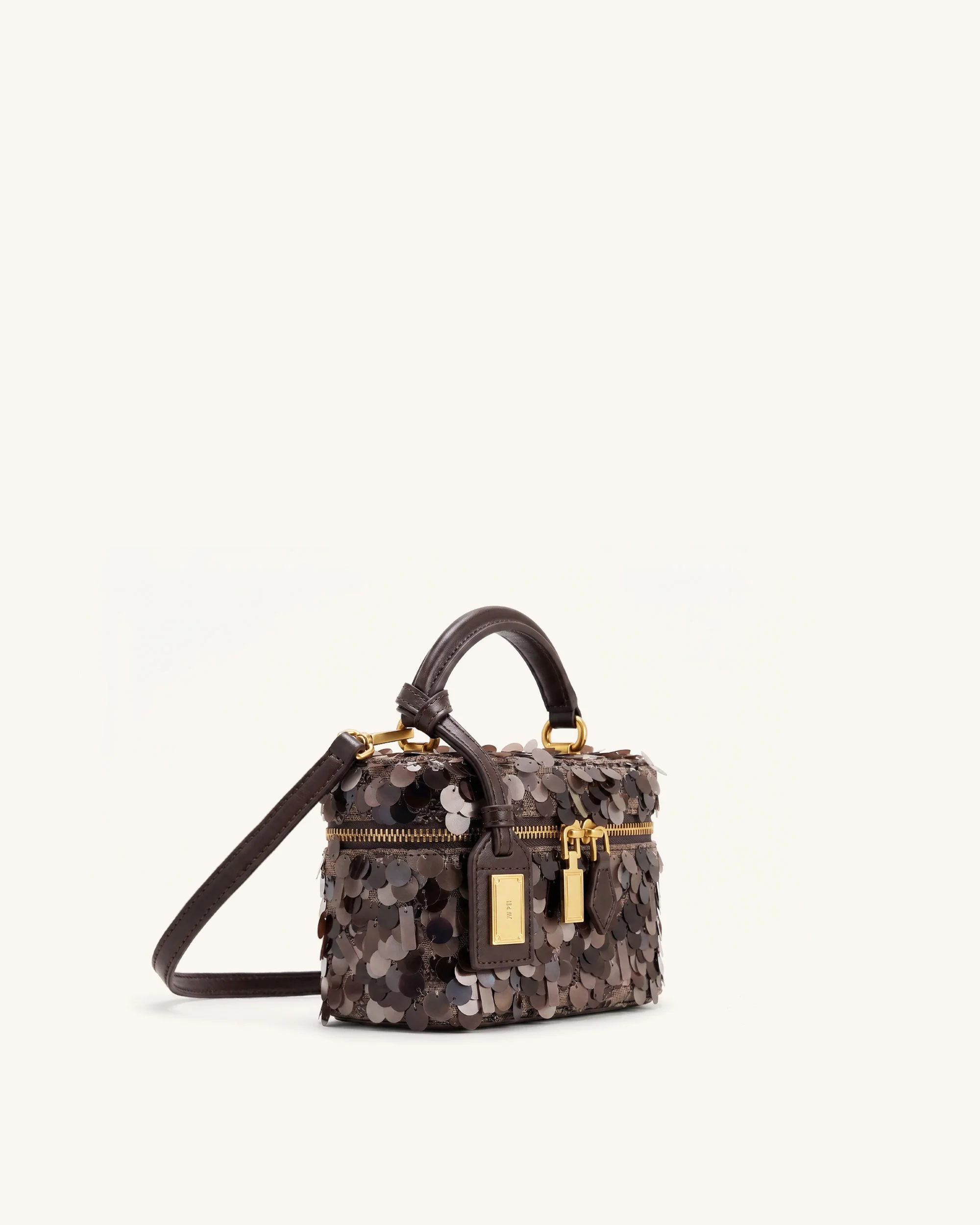 Cleo Metallic Sequin Box Shape Top Handle Bag - Brown