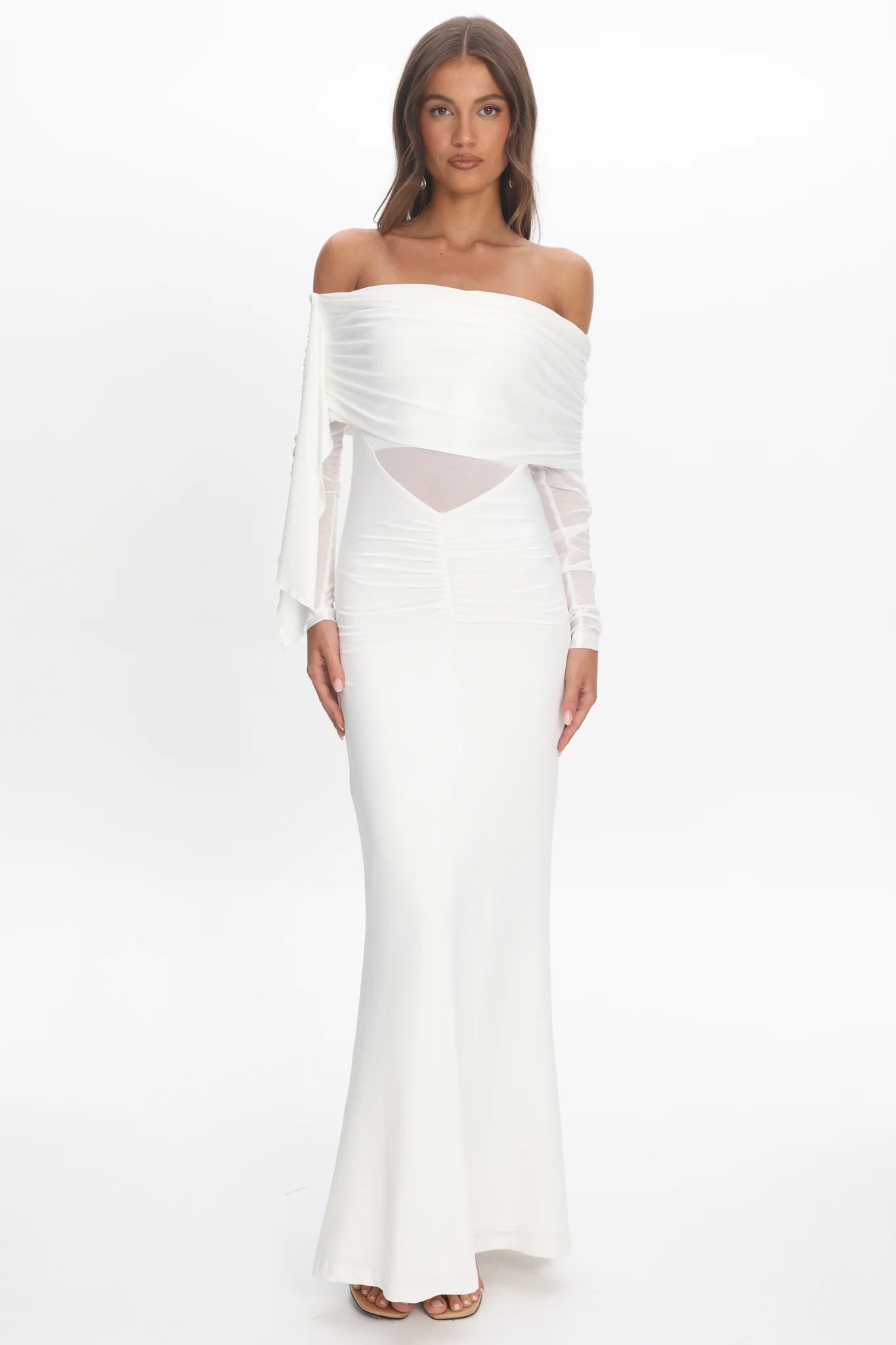 Marlowe Off-Shoulder Sheer Waist Maxi Dress Off White