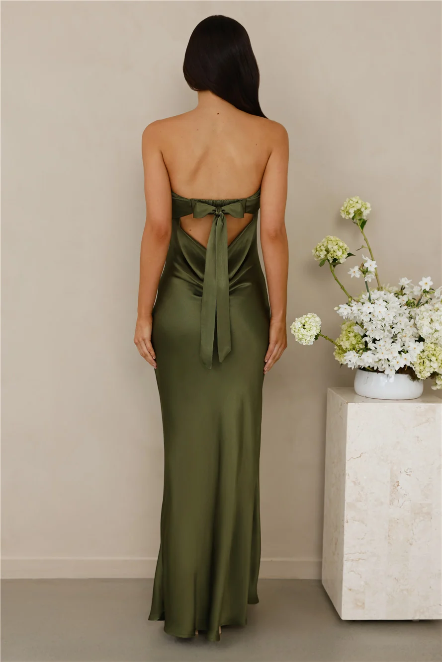 The Felicity Strapless Satin Maxi Dress Olive