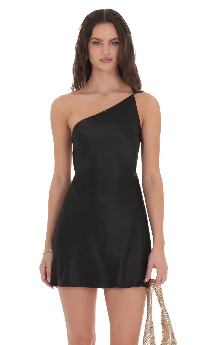 Satin One Shoulder Open Back Dress in Black