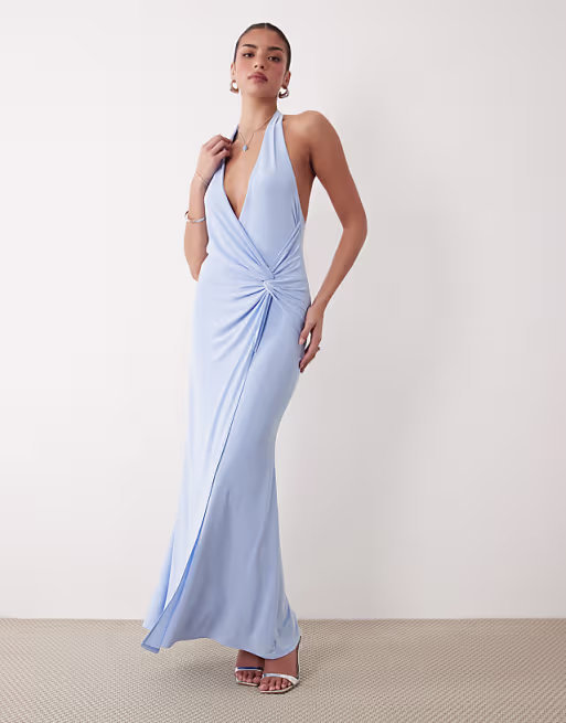 twist detail plunge slinky maxi dress in baby blue