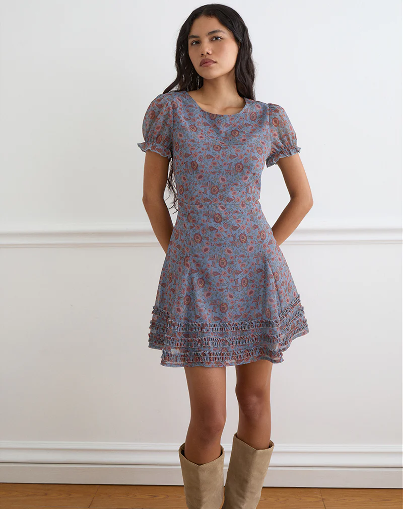 Koharu Mini Dress in Shadow Blossom Blue Chiffon