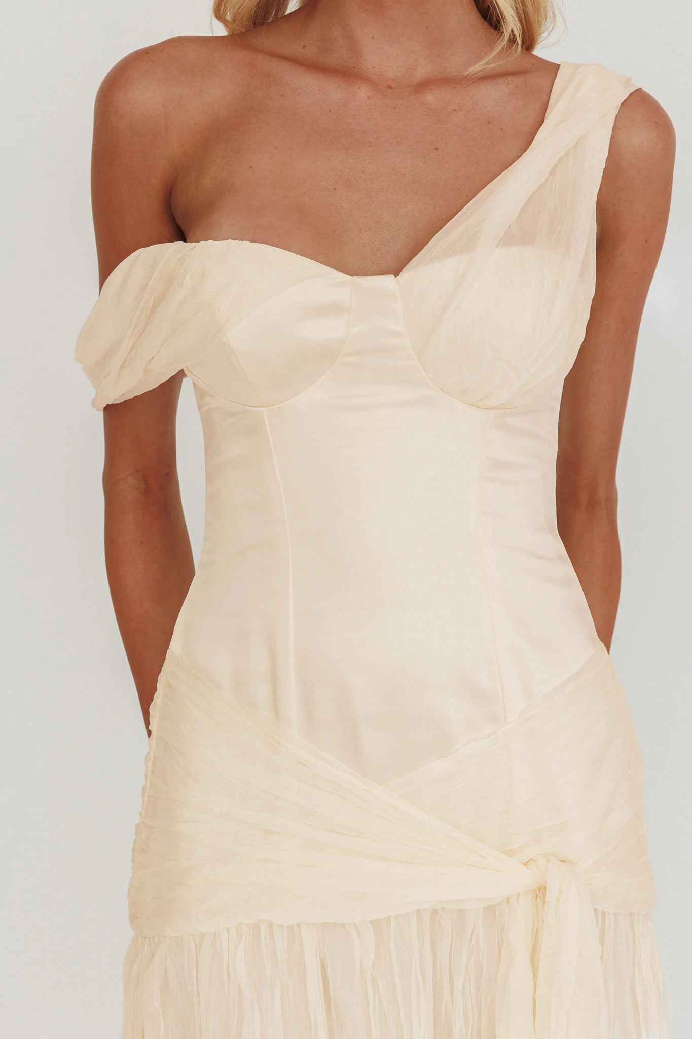 Keia Crepe Chiffon One-Shoulder Maxi Dress Oyster