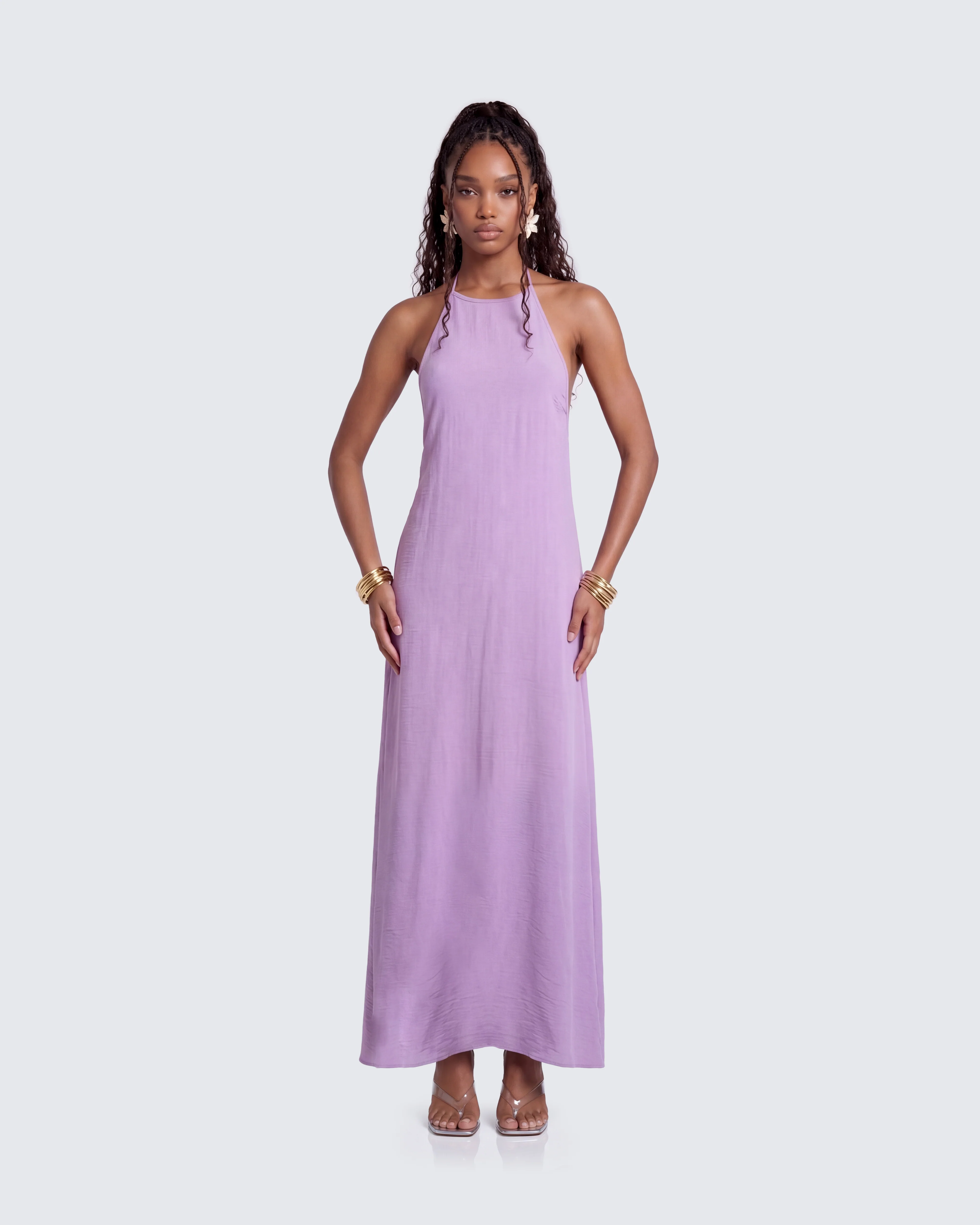 Debri Purple Open Back Halterneck Matt Satin Maxi Dress