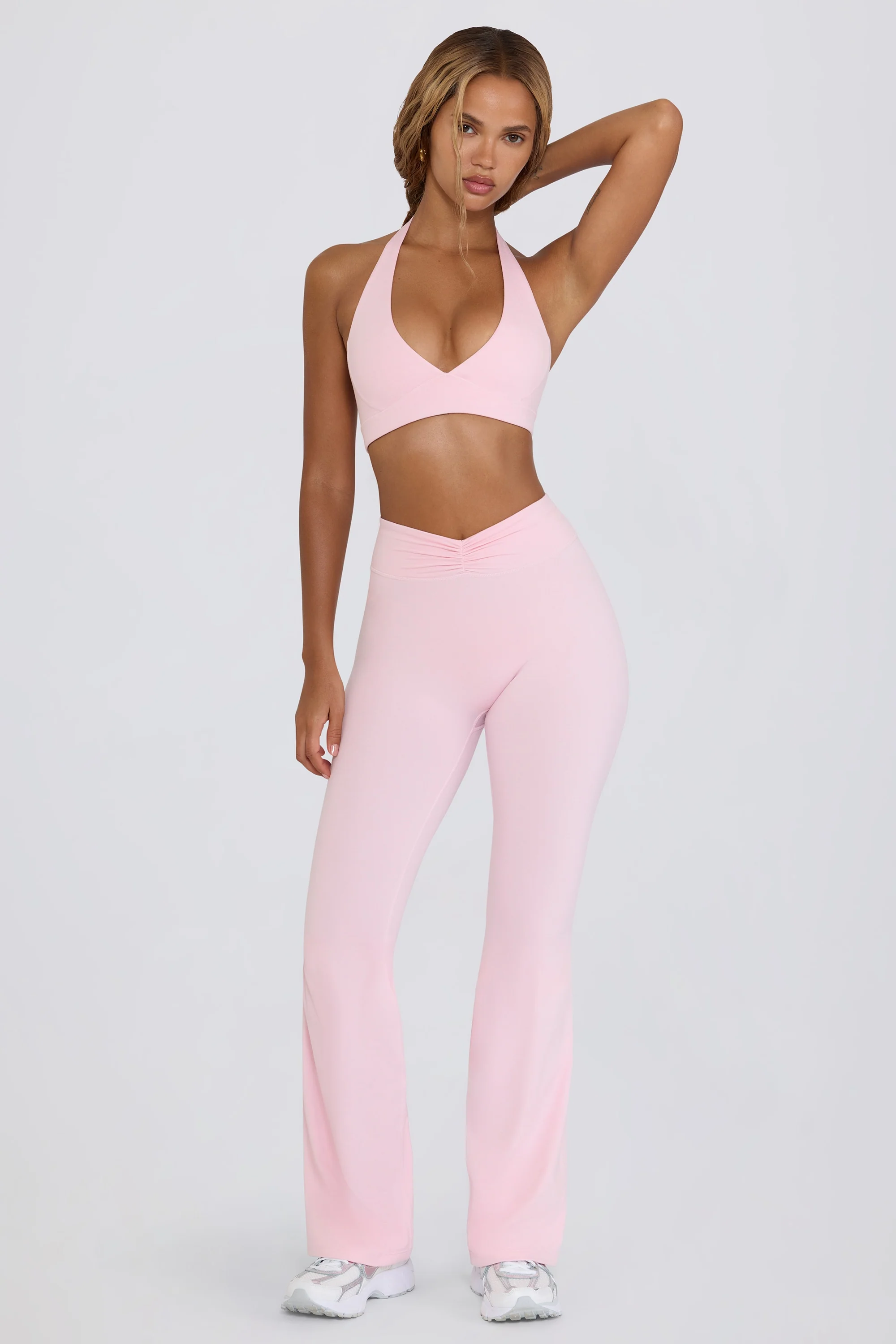 Brushed Jersey Ruched Flared Trousers in Pale Pink Marl