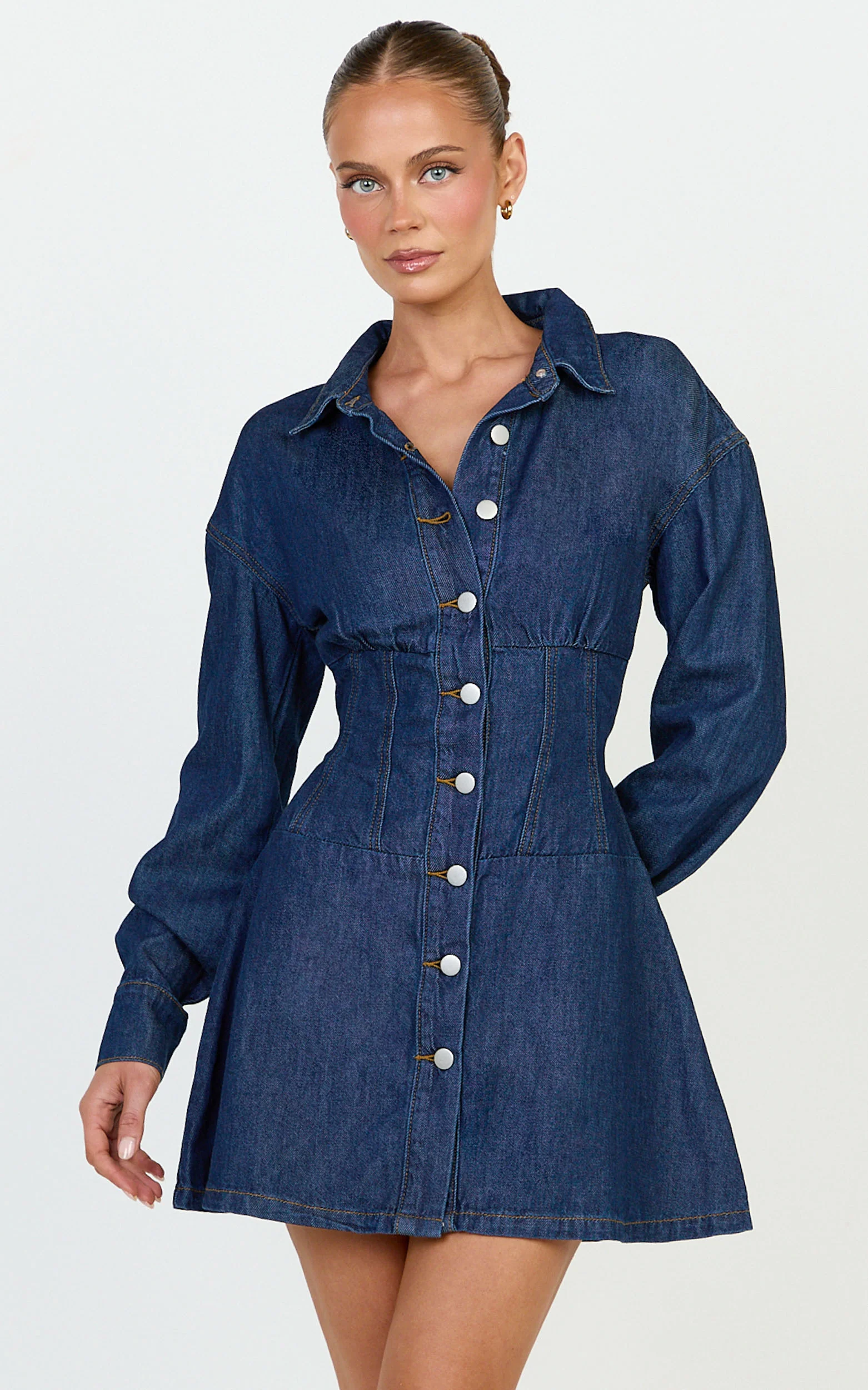 Amaris Mini Dress - Long Sleeve Corset Shirt Dress in Dark Blue Wash