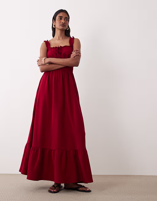 Miss Selfridge seersucker shirred detail maxi dress in cherry red