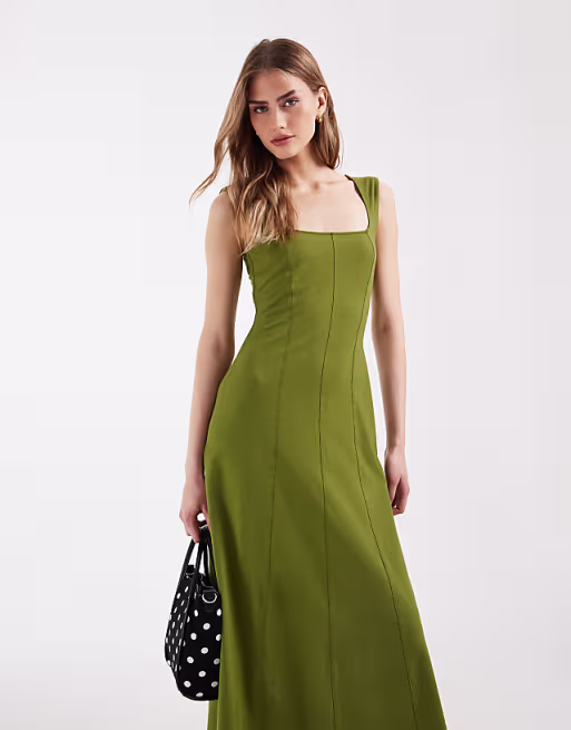 square neck seam detailing midaxi dress in khaki green