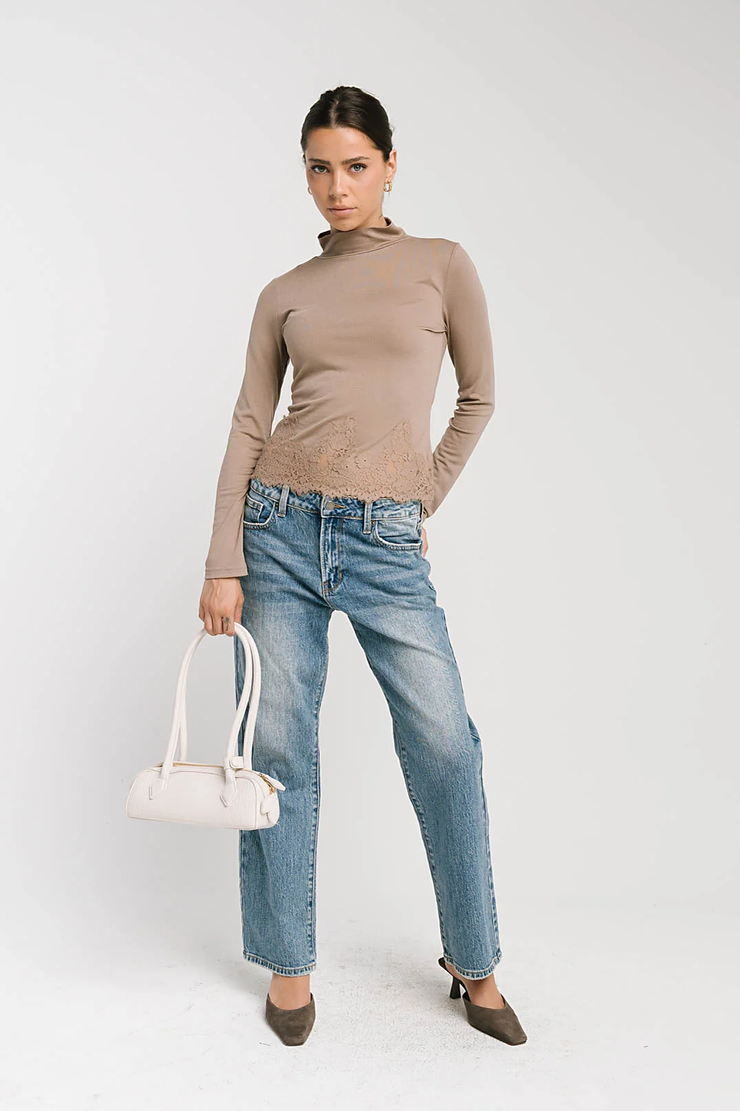 Kesley Lace Mock Neck Top in Taupe