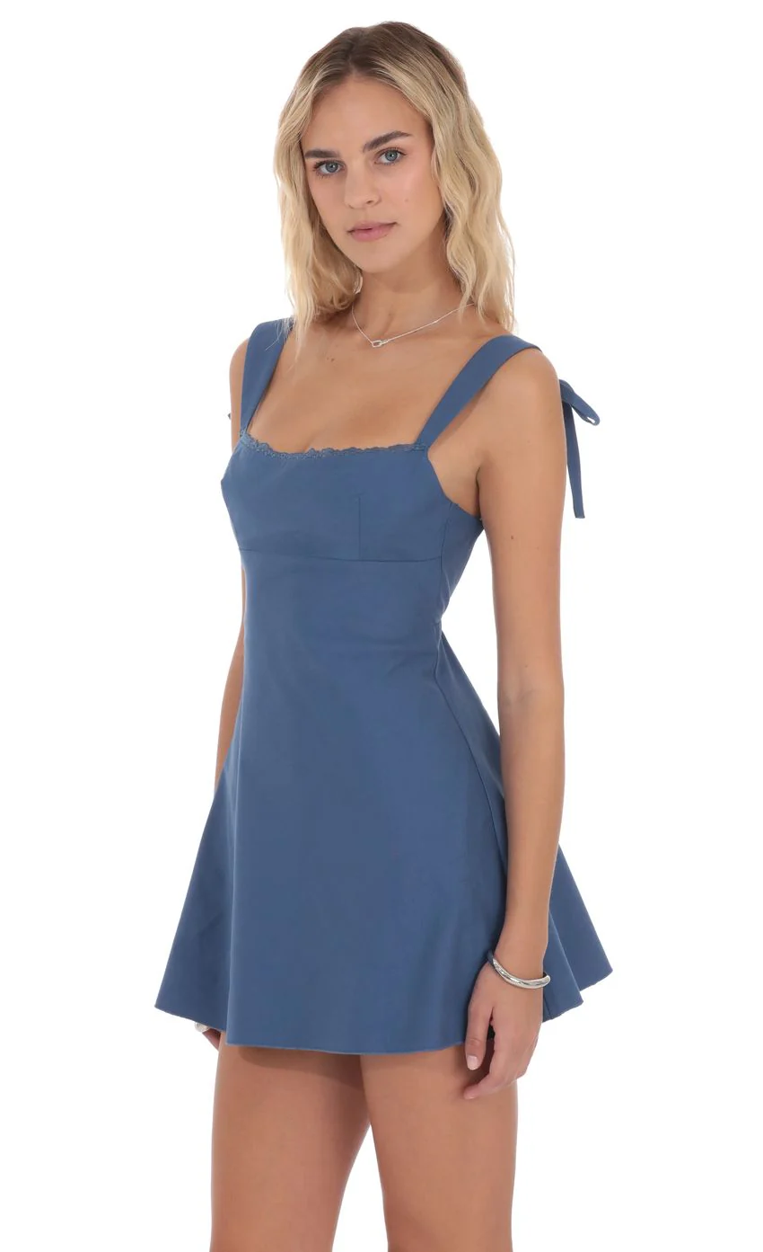 Lace Trim Open Back Dress in Denim Blue - luluinthesky