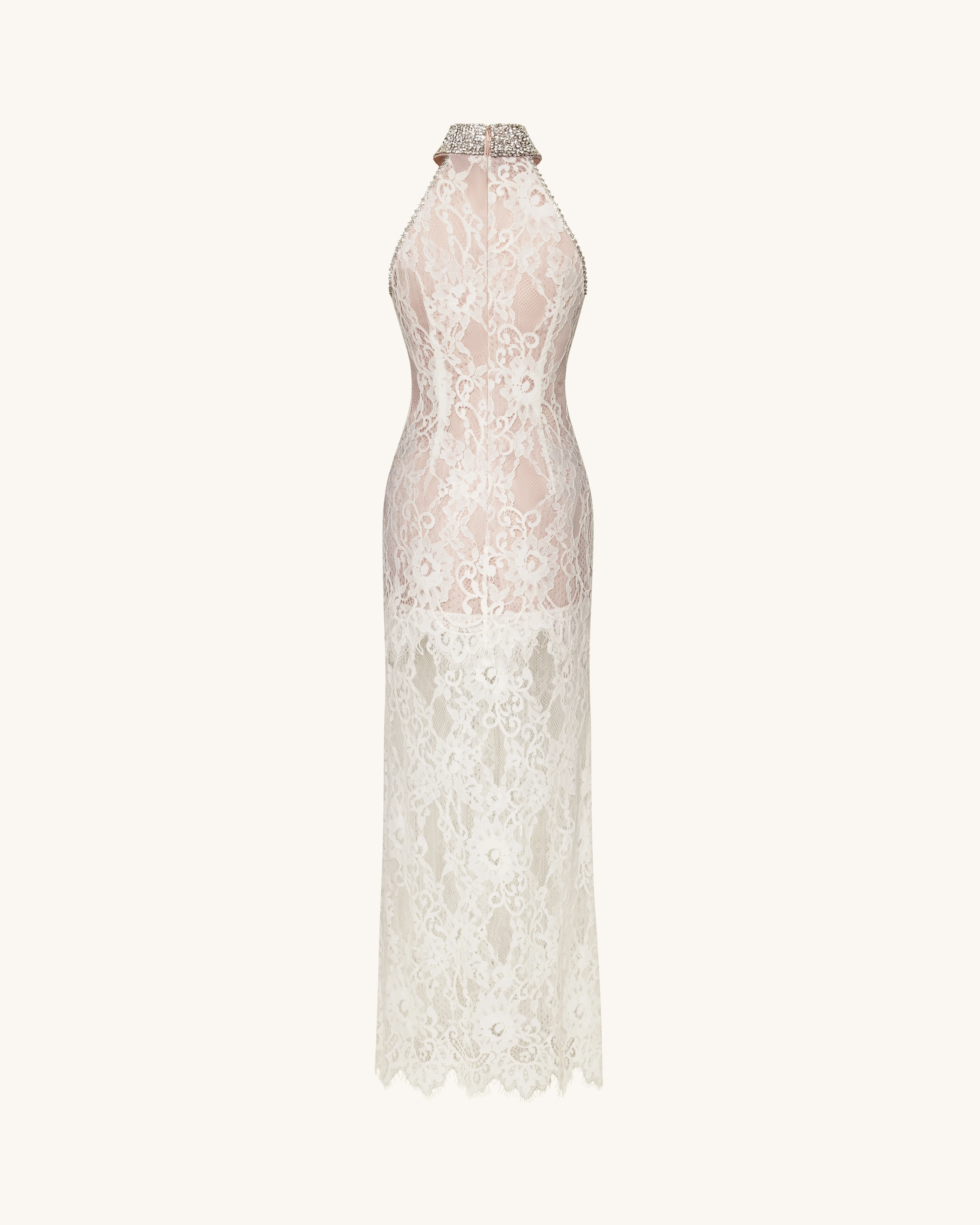 Jeweled Lace Halter Dress - White - FASHION NOB