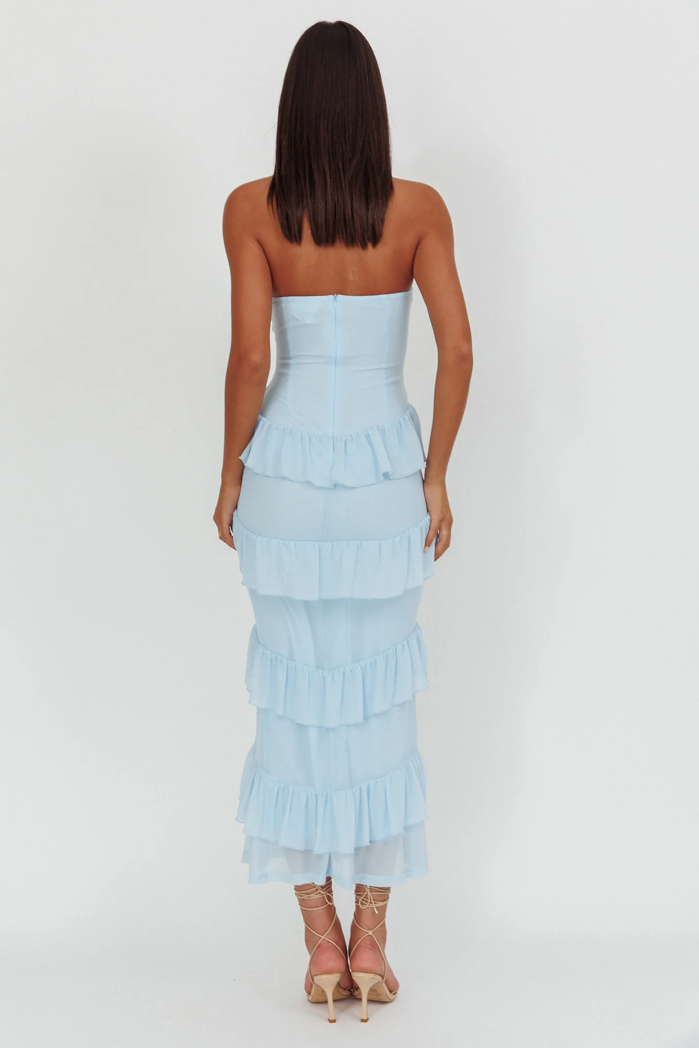 Dulce Dreams Sweetheart Neckline Frill Maxi Dress Blue