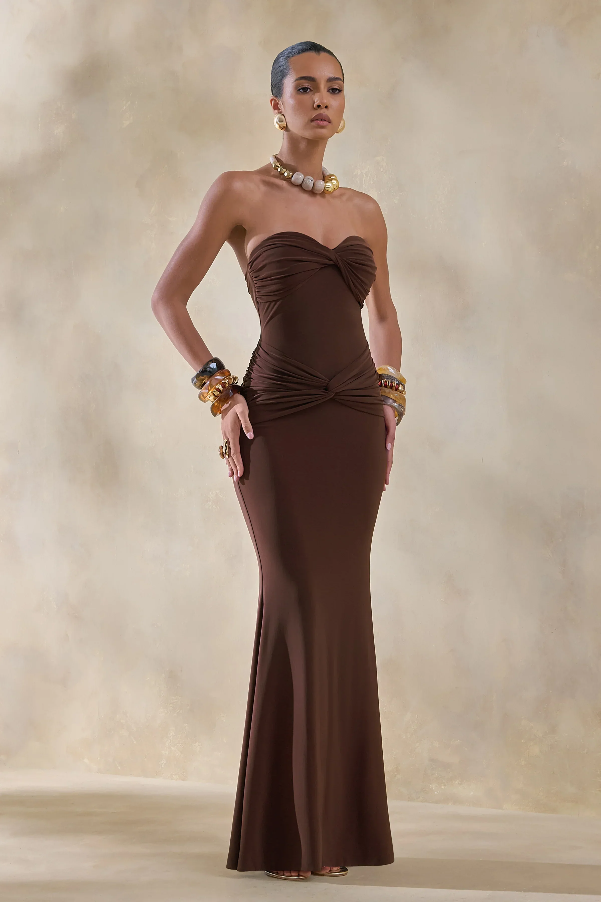 Elodia | Brown Bandeau Maxi Dress With Gathered-Detailing