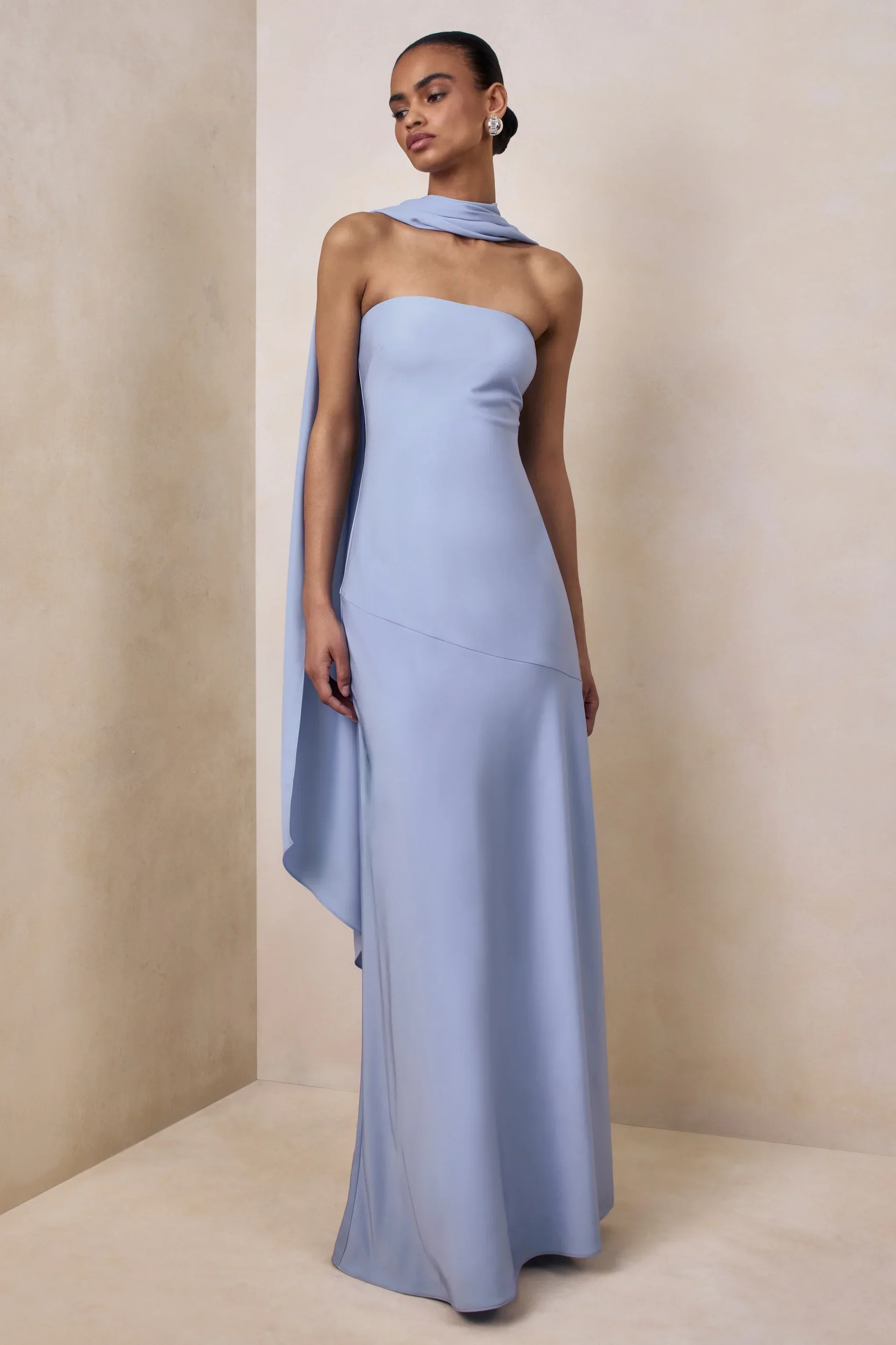 Charly | Powder Blue Satin Bandeau Maxi Dress With Scarf-Detail