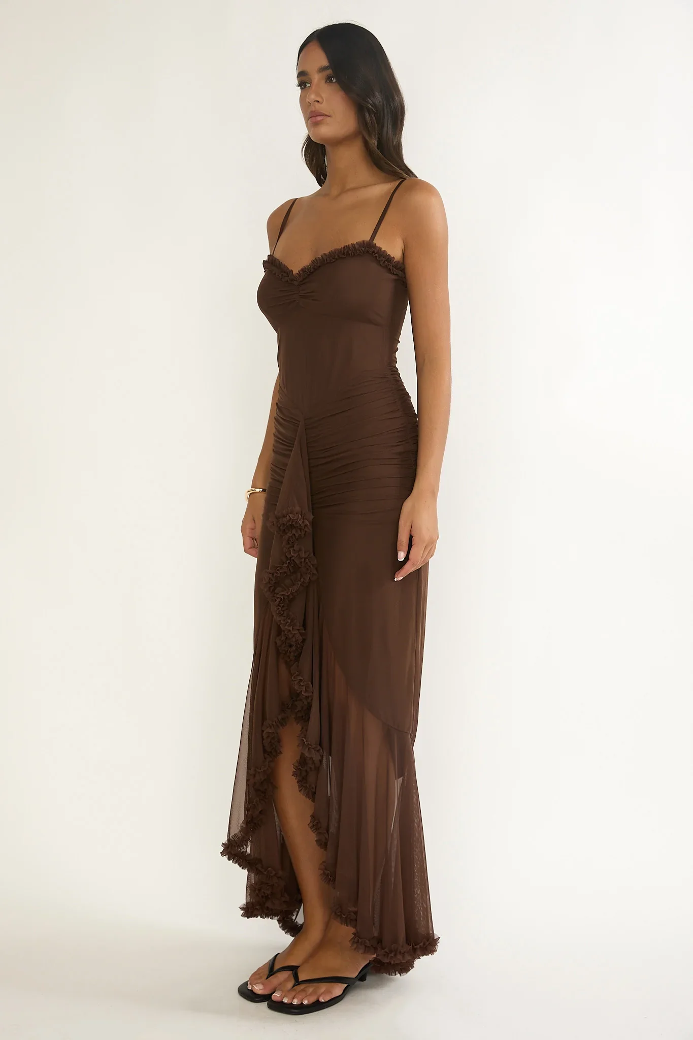 Noelia Gathered Waist Frill Trim Maxi Dress Chocolate