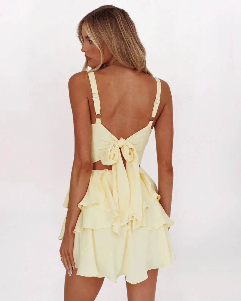FAUX HALTER V-NECK DRESS - YELLOW