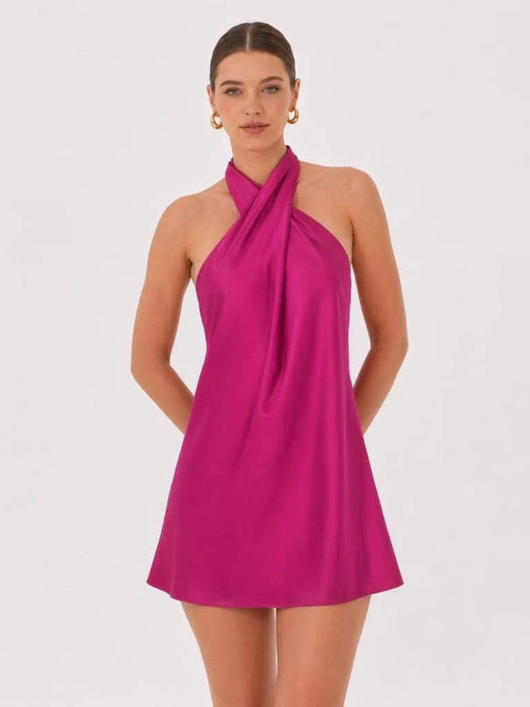 Satin Cross Halter Dress in Magenta