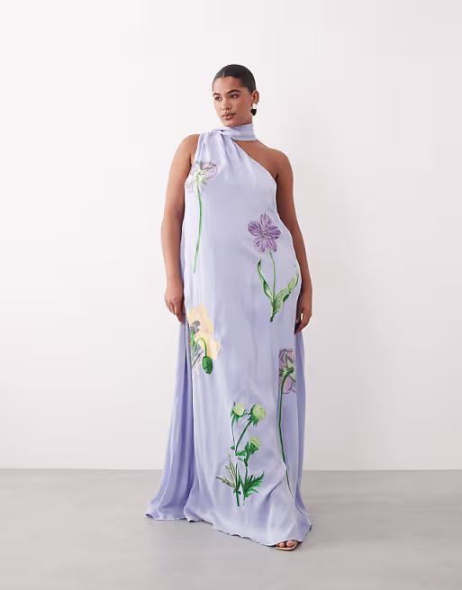 ARRANGE Curve botanical floral embroidered one shoulder maxi dress in dusky blue