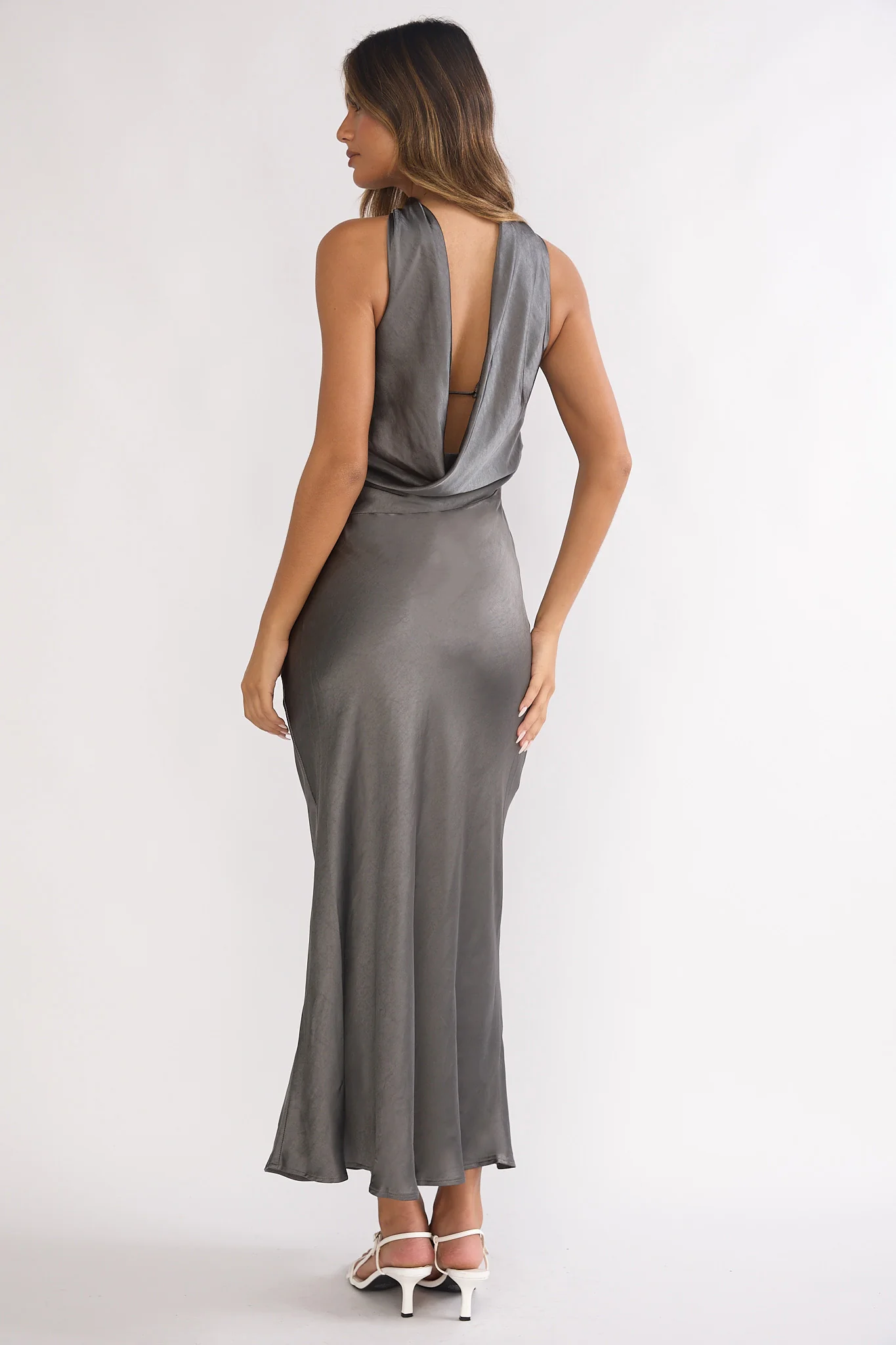 Damsel Reverse Halter Maxi Dress Satin Charcoal - luluinthesky