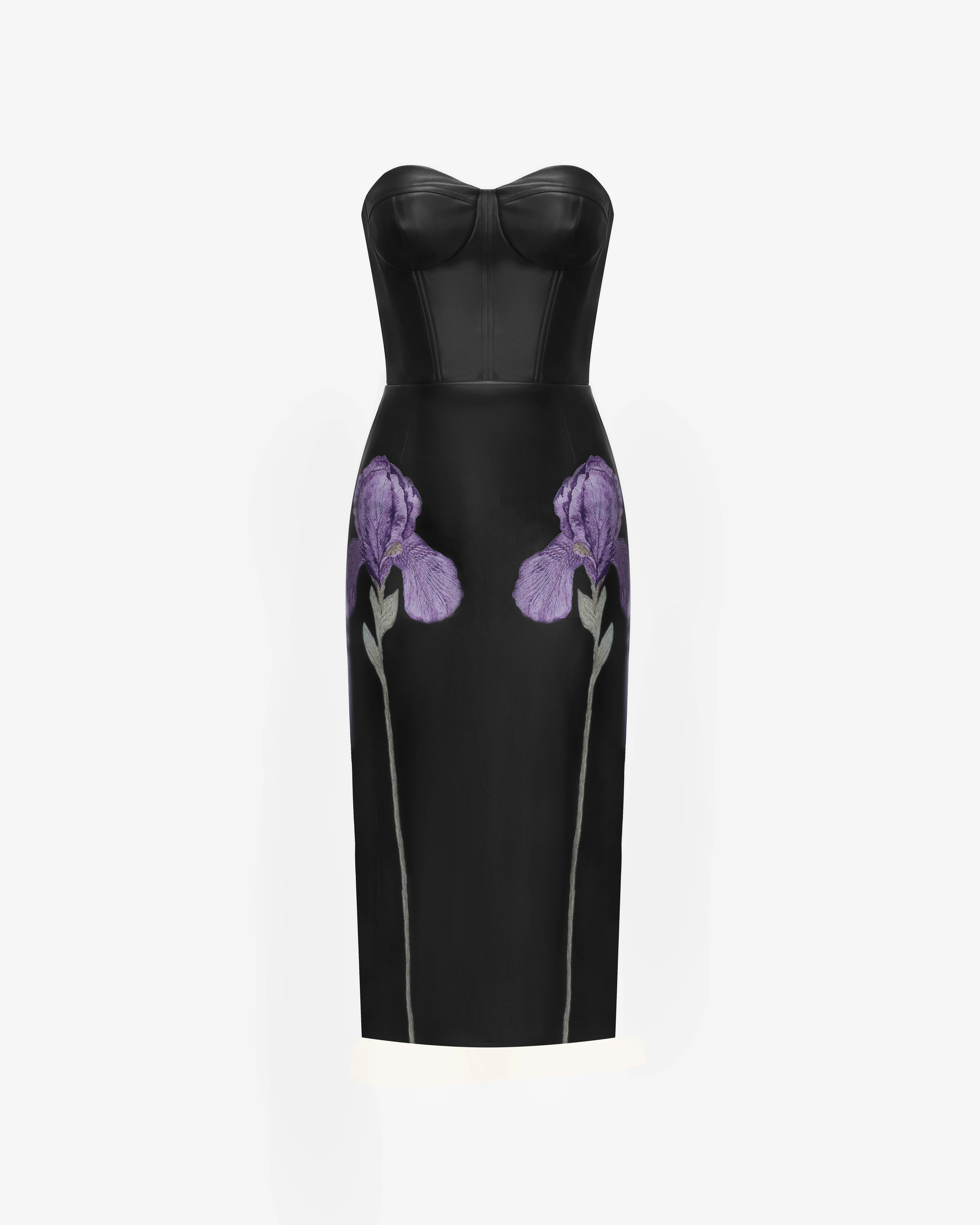 Iris Floral-Print Strapless Corset Leather Midi Dress - Black - FASHION NOB