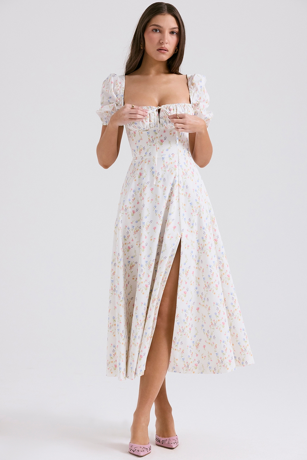 White Posy Print Cotton Puff Sleeve Midi Sundress