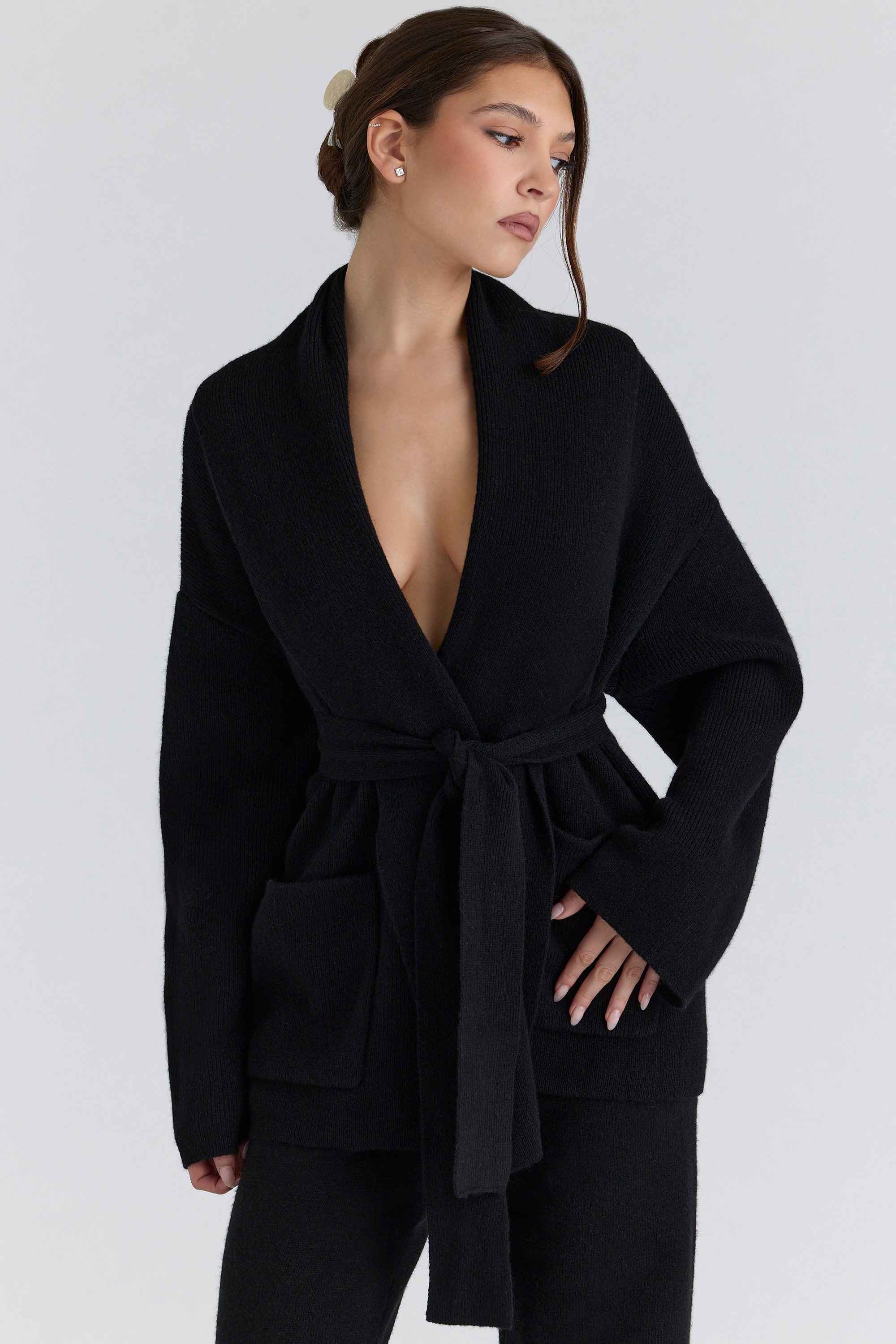 Black Pure Wool Draped Front Cardigan