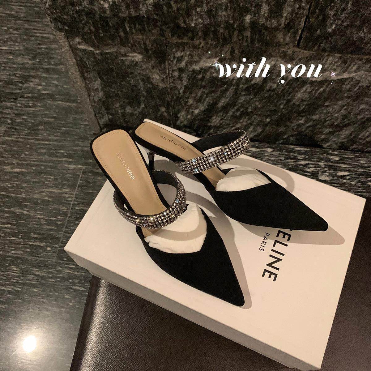 Black Rhinestone Pointy Stiletto heel Sandals 671551594825