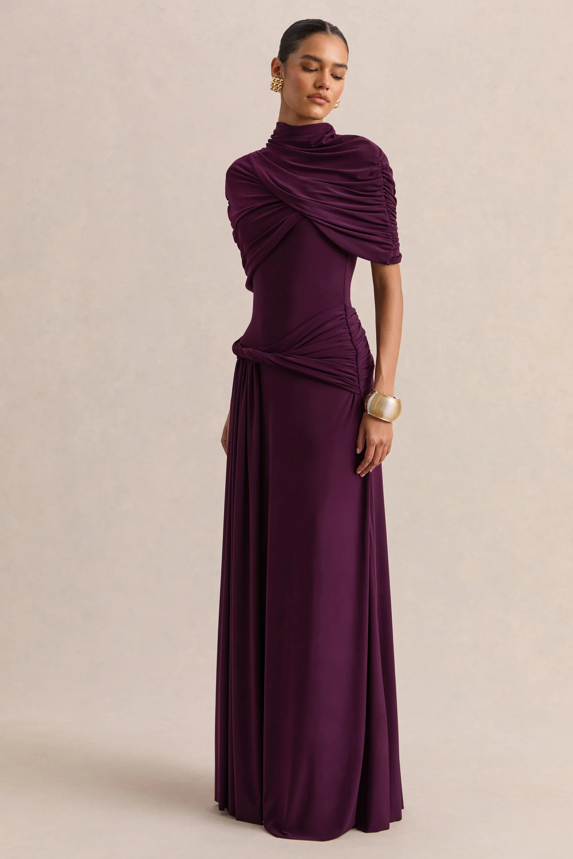 Evelisse | Plum High-Neck Maxi Dress With Short-Cape Sleeves