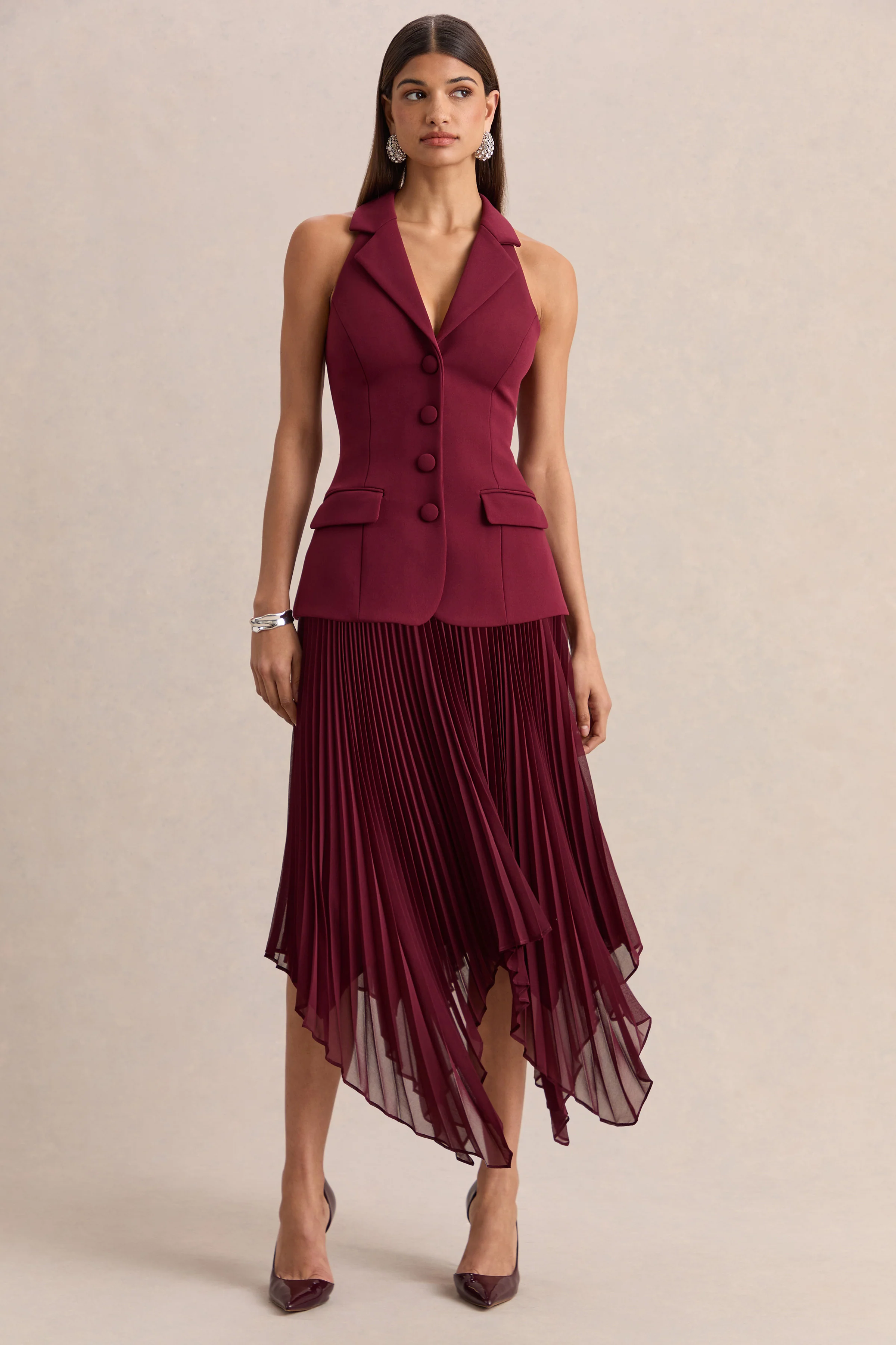 Marvelle | Burgundy Plunge-Neck Maxi Dress With Hanky Hem