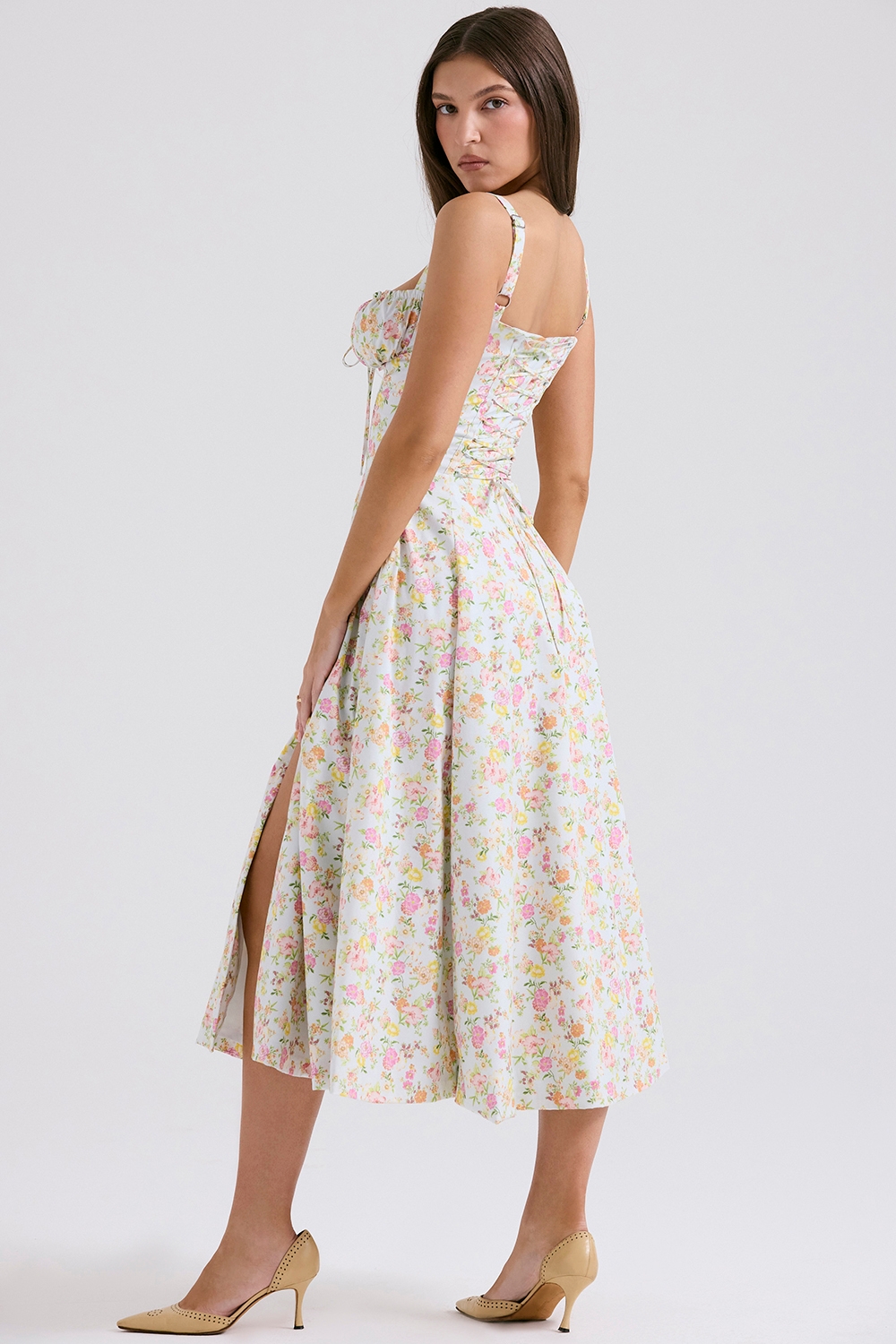 Pale Blue Meadow Print Cotton Bustier Sundress