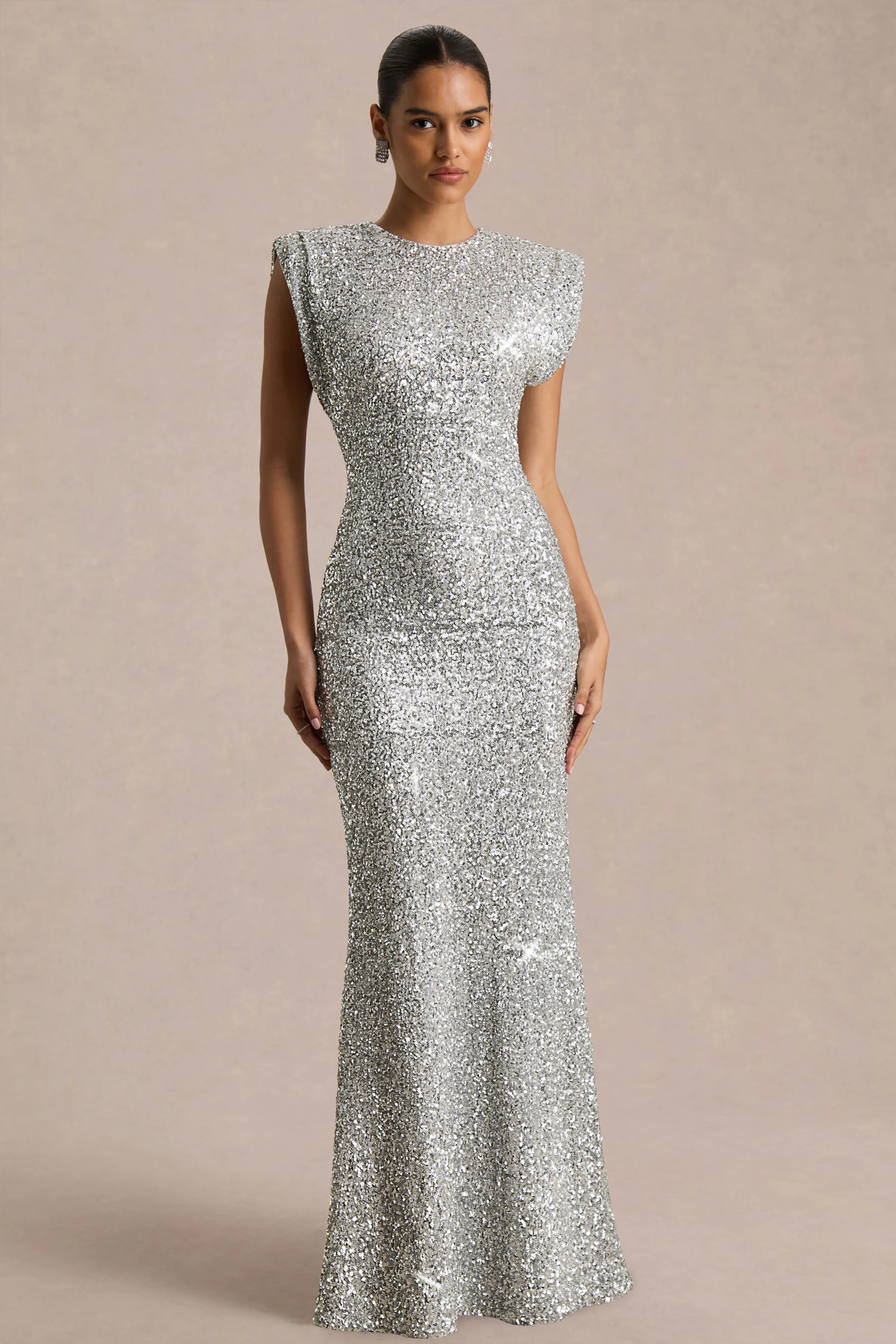 Aurah | Silver Sequin Crew-Neck Maxi Dress With Cap Sleeves
