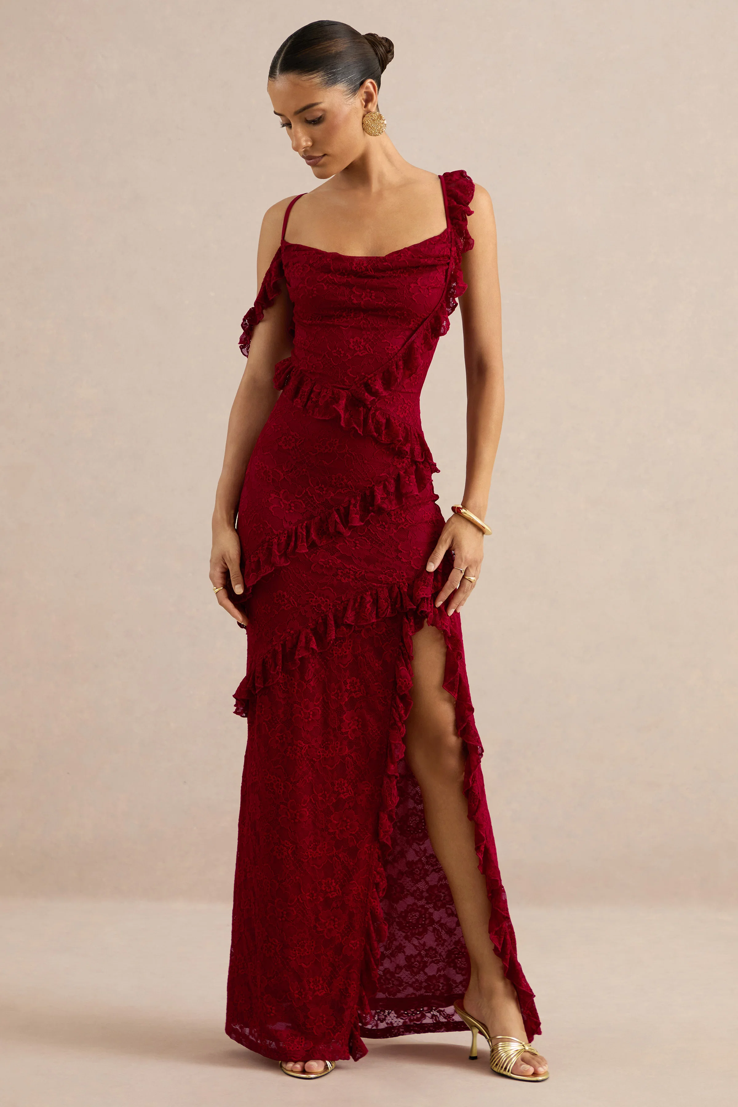 Sera | Red Lace Ruffle Trim Maxi Dress - FASHION NOB