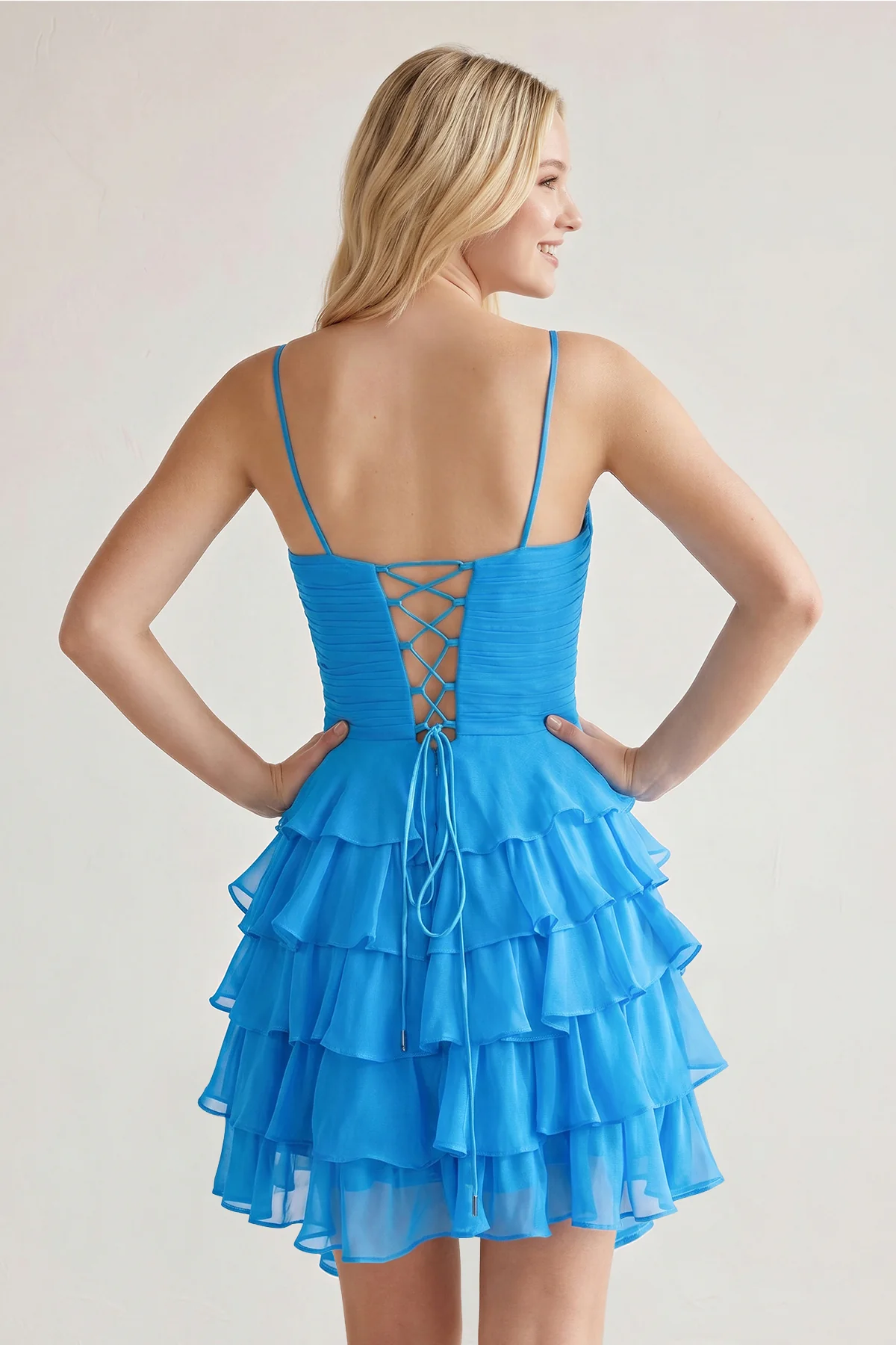 Pink Spaghetti Straps A Line Chiffon Ruffles Homecoming Dresses With Bow