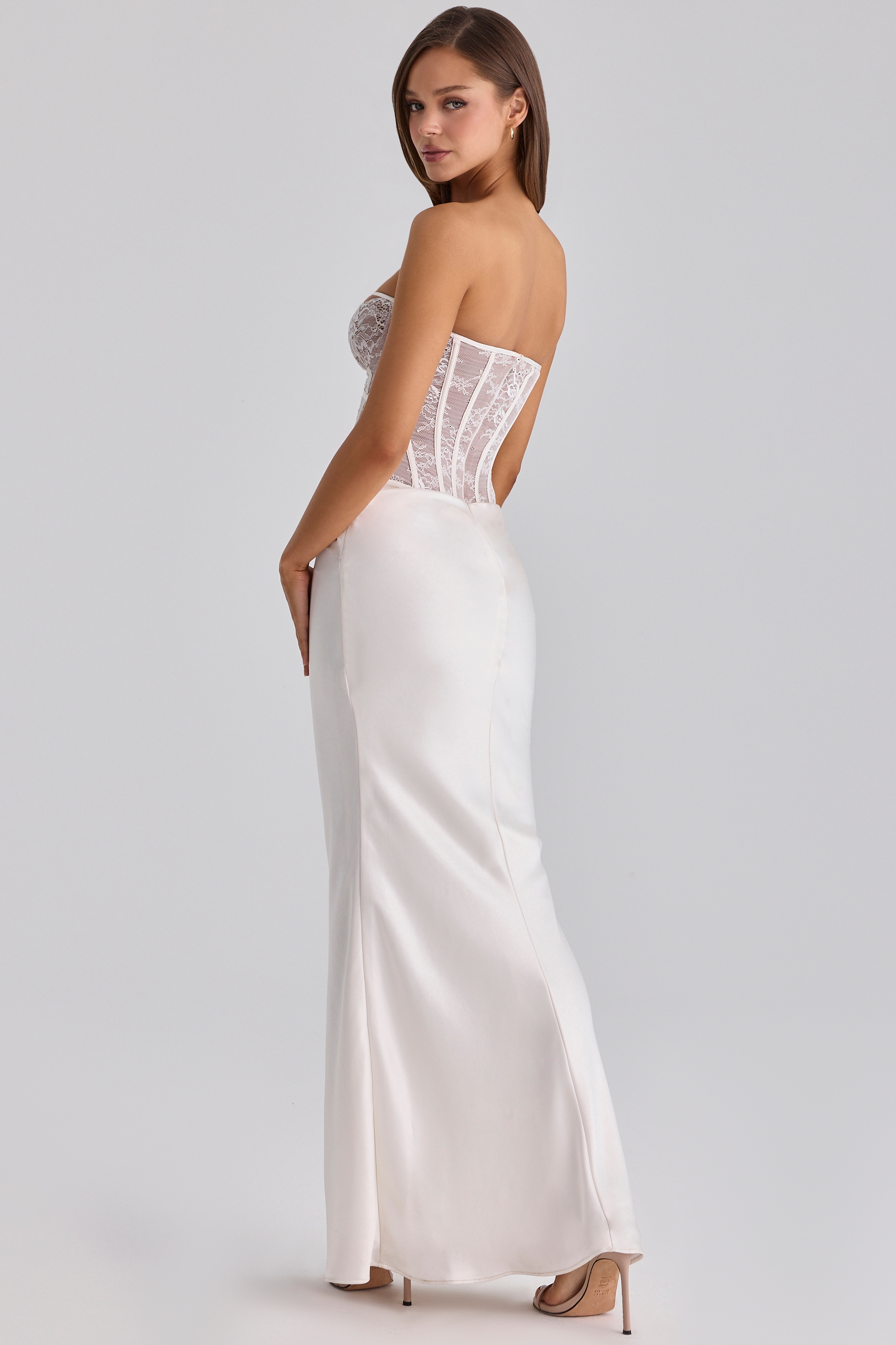 White Lace + Satin Maxi Corset Dress