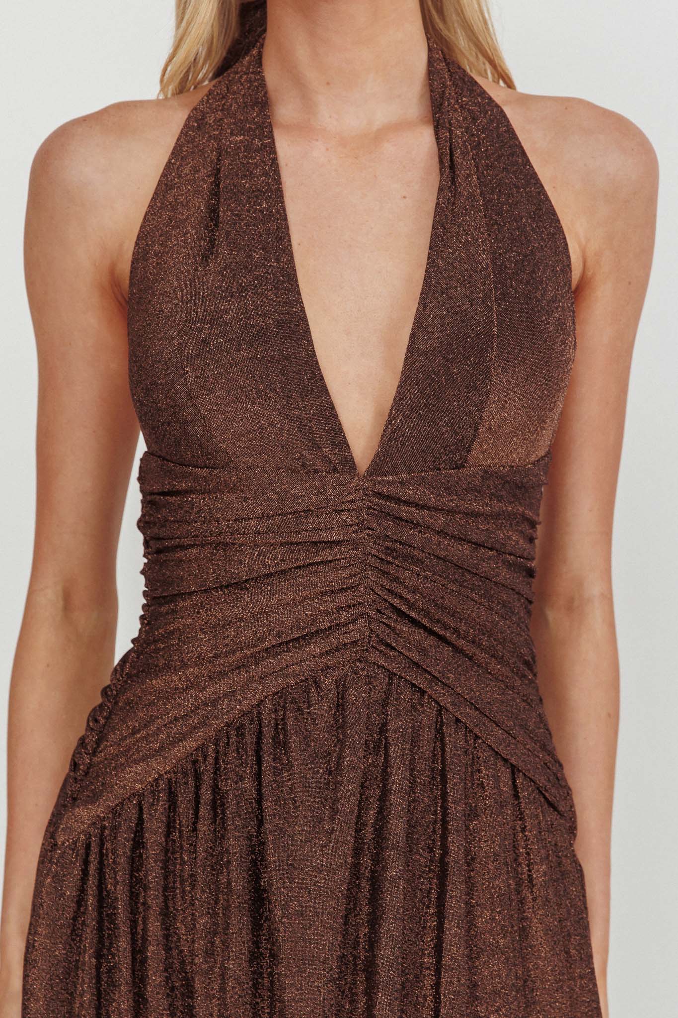 Italia Azure Gathered Waist Maxi Dress Shimmer Chocolate